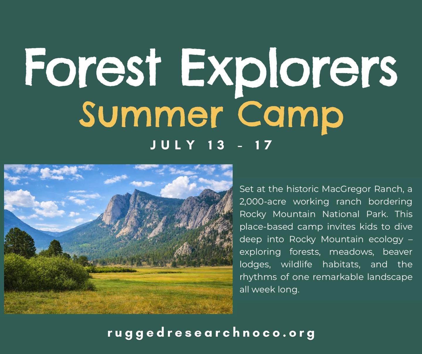We’re SO excited to share this news… 🌾🐎
The MacGregor Ranch Summer Camp is BACK! And this summer we’re bringing it back in a much bigger, better way through a new partnership with Rugged Research.
When: 📅 July 13–17
Who: 👧🧒 Ages 7–12
What: ⏰ Half-day, week-long summer day camp
This inaugural camp uses MacGregor Ranch itself as the classroom, giving kids the chance to explore land, water, plants, animals, and wildlife while learning how a working ranch really functions. Through hands-on exploration, guided discovery, and plenty of time outside, campers will build curiosity, confidence, and a deeper connection to the land.
What campers can expect:
🌱 Guided exploration of ranch habitats, fields, water systems, and wildlife areas
🗺️ Hands-on activities like tracking, mapping, observation, and simple field investigations
🌾 Learning how agriculture, conservation, wildlife, and land stewardship intersect in real life
📜 A strong sense of place including the history of MacGregor Ranch and the generations of care that shaped it
🤝 Small group sizes, experienced educators, and a strong focus on safety and respect for the land.
Each day follows an active, kid-friendly rhythm with exploration, snacks, reflection, and wrap-up discussions. Learning by doing!
This summer marks the first year of what we hope will grow into a long-term program at the ranch, expanding opportunities for kids to learn outdoors and connect with this special place for years to come.
We can’t wait to welcome the next generation of land stewards to MacGregor Ranch. 🌄
Sign up Now! https://pci.jotform.com/form/260254981261154