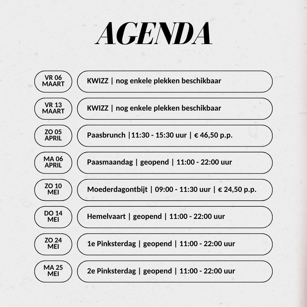 ❗Op veler verzoek onze agenda voor het voorjaar!🔆
Voor de KWIZZ-avonden ⏳zijn nog slechts enkele plekken beschikbaar.
Voor de Paasbrunch🐣 en het Moederdag-ontbijt🥐 kan al gereserveerd worden!
Reserveren kan via de gebruikelijke weg:
📧 info@brasseriezondheed.nl
📞 045-2000370
Of gewoon even binnen lopen!
Graag tot snel en...Zondheed!🍻
#Paasbrunch #paasbrunch #moederdagontbijt #moederdagontbijtjes #hemelvaart #hemelvaartweekend #ditisparkstad #genberg #ubachsberg #gemeentevoerendaal #eetcafé #brasseries #hemelvaartsweekend #pinksteren #pinksteren