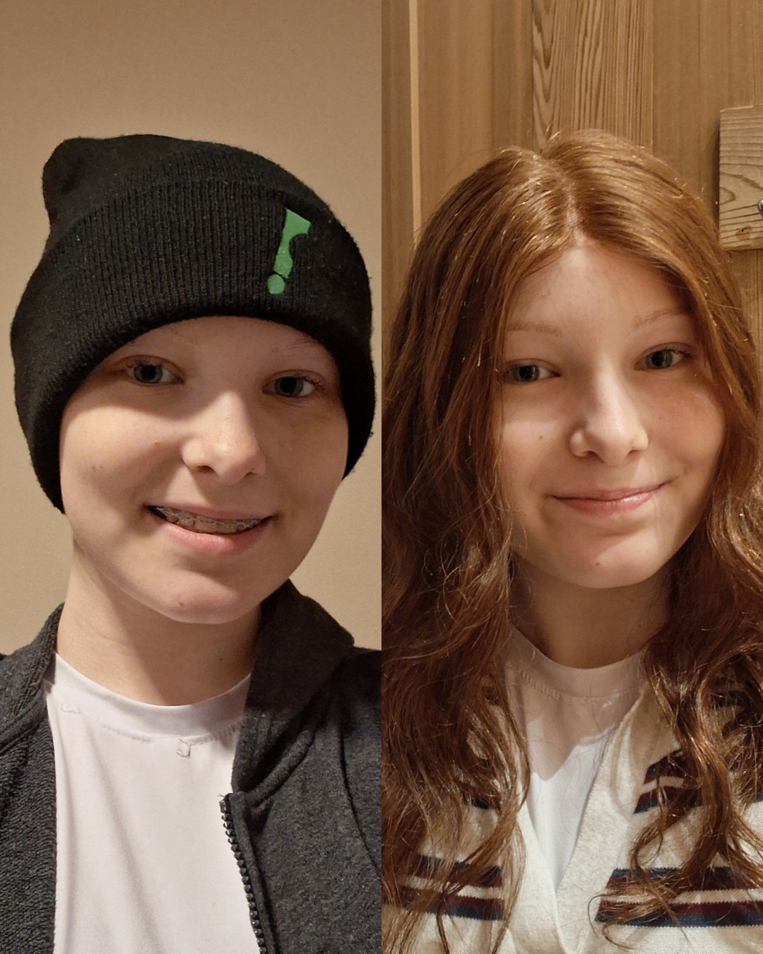 This is Kayla, modeling our Bite Me Cancer beanie from our Teen Support Bag she received and also sharing a photo of her with her wig. Kayla was diagnosed at 9 years old in 2020 and then had recurrent osteosarcoma removal in her leg last October. She said "I'm now pretty much full recovered and also finished chemotherapy a few weeks ago so now my hair will start growing back. Thank you for everything! It really means alot!"