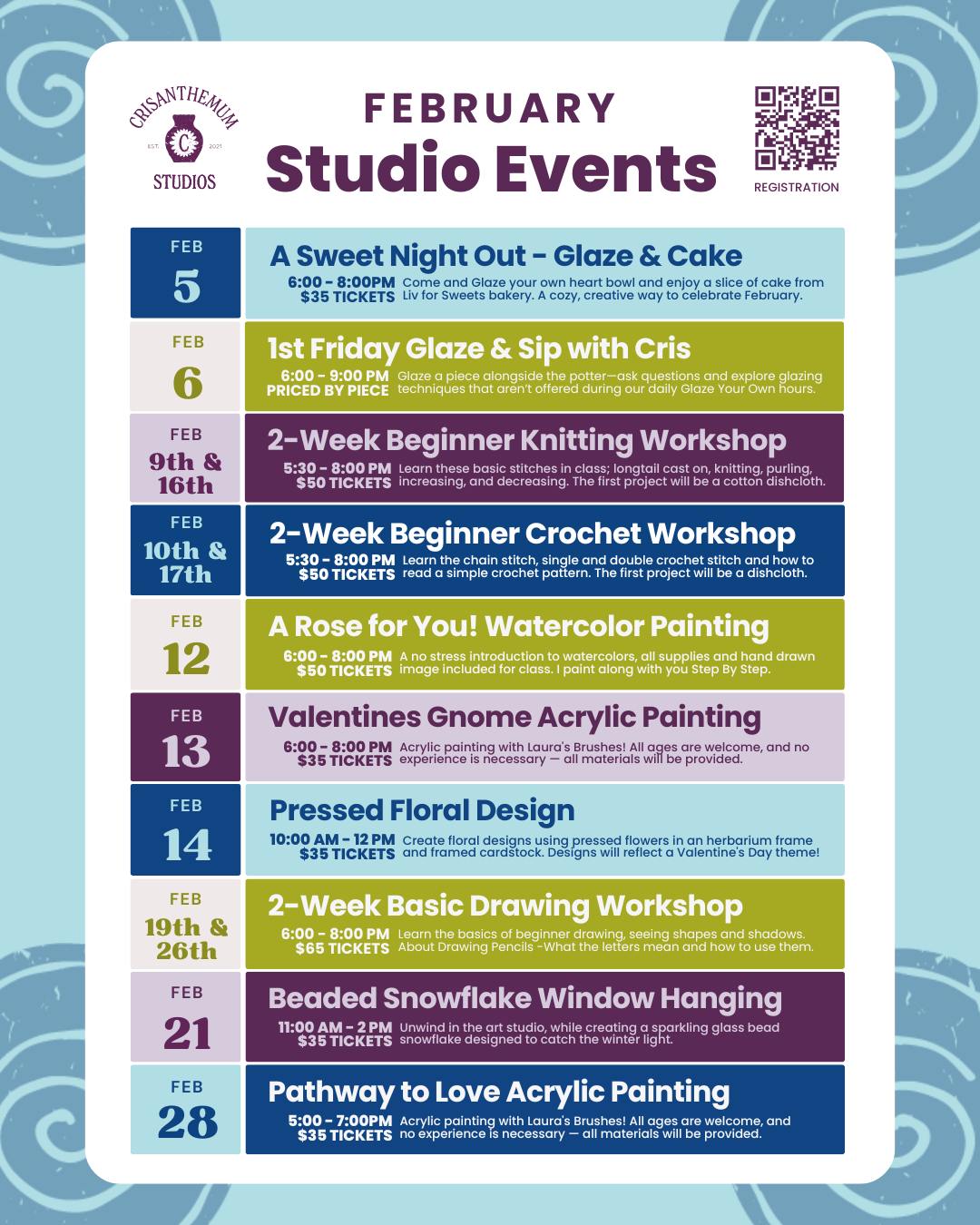 Love is in the air—and so is creativity!💌 February workshops are here, and we can’t wait to make something special with you. From glaze nights to watercolor, knitting, and more—grab your spot and join us!
Register now: crisanthemumstudios.com/eventcalendar
#ArtWorkshops #Crafting #ValentinesDayGiftIdeas