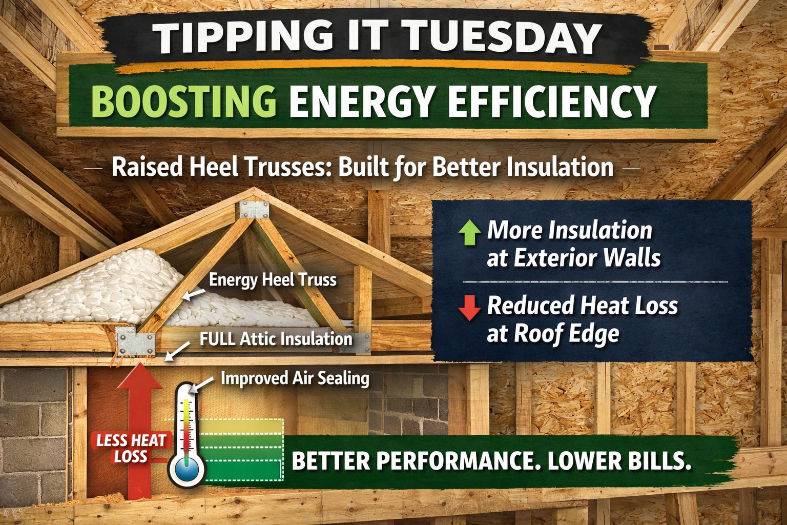 Tipping it Tuesday
2. Energy Efficiency Standards Are Becoming More Stringent
Across many updated codes, especially in places adopting the newest International Energy Conservation Code (IECC) standards, there’s a stronger emphasis on energy performance — like tighter insulation, better thermal envelopes, and details that reduce heat loss.
⚡ Energy heels (aka “raised heel trusses”) are a real example — they encourage full insulation depth at exterior walls so you aren’t losing thermal performance at the roof edge.
This is something homeowners will feel — more consistent interior temperatures and lower costs over time — but builders need to specify and install it right.