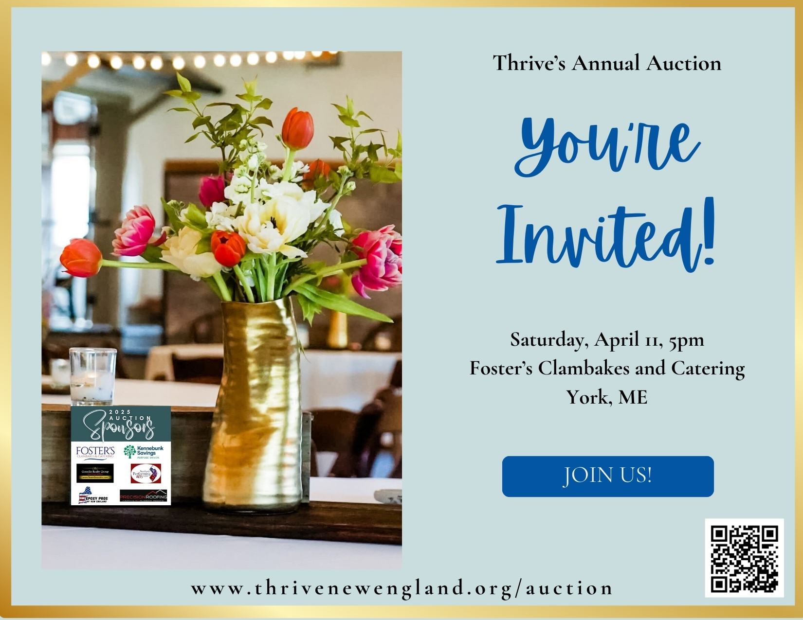 Join Us for Thrive’s Annual Auction!
Mark your calendar for a special evening in support of prevention and healing.
* Foster’s Clambakes | York, Maine
* April 11
* 5–8 PM
This annual auction brings our community together to raise critical funds for prevention education and wrap-around mentorship for survivors—work that helps protect youth and support long-term healing right here in New England.
Best value: Gather your people and reserve a table for 8 for just $225—an incredible night out for an even greater cause.
Good food. Meaningful connection. Lasting impact.
We can’t wait to see you there.
You can get your tickets by scanning the QR code or going to our website: www.thrivenewengland.org/events
#THRIVENewEngland #everythingwedoisprevention #EndExploitation