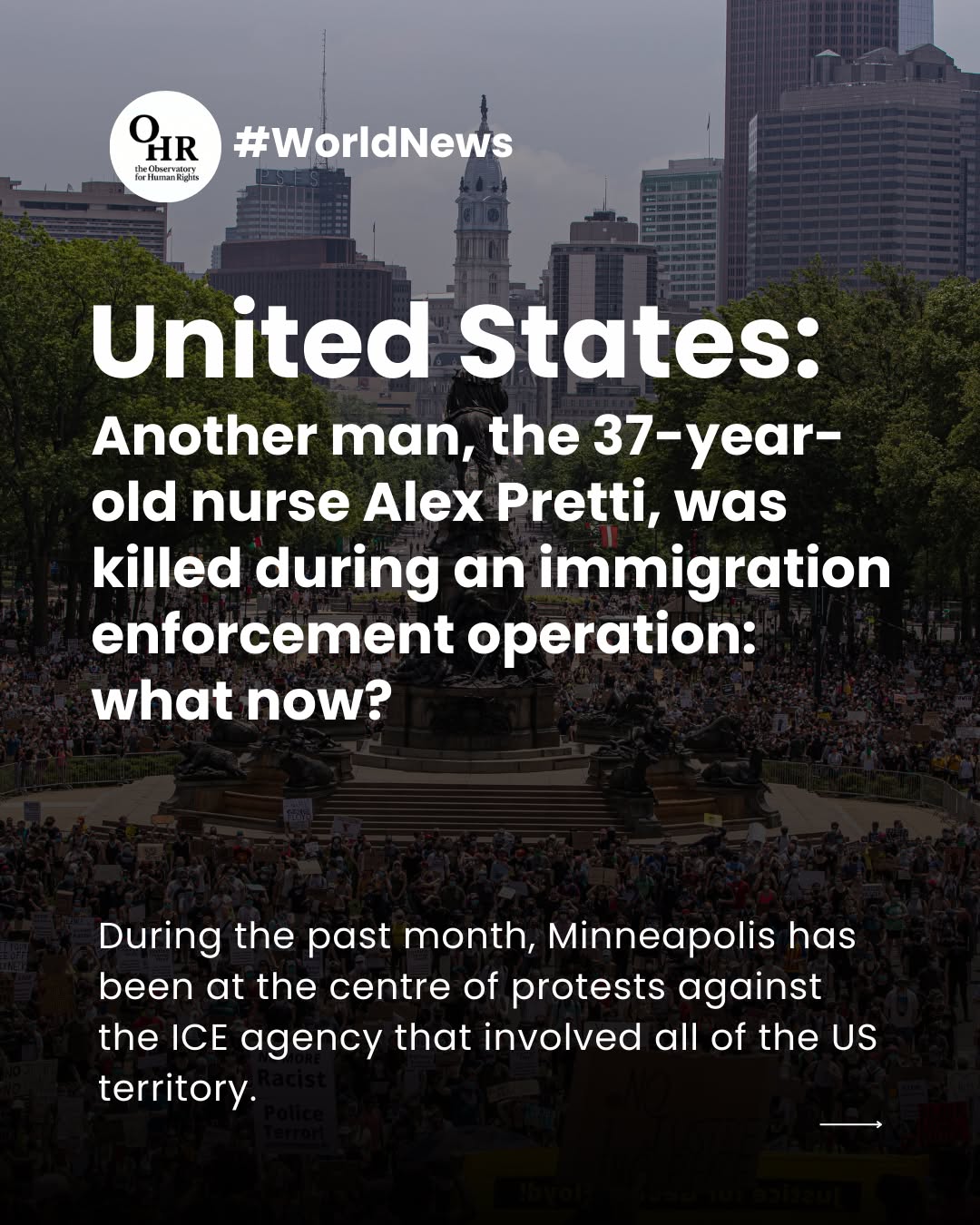Another man, the 37-year-old nurse Alex Pretti, was killed by CBP agents.
During the past month, Minneapolis has been at the centre of protests against the ICE agency that involved all of the US territory.
The protests reached their peak right after the killing of Renee Nicole Good, a 37-year-old US citizen, shot dead by ICE agents during one of their operations.
Only a few weeks after her death, another US citizen, Alex Pretti, was murdered by CBP agents. The overall situation raises several concerns about possible human rights violations happening notonly during the operations conducted by these agencies, but also within the detention centres where the individuals are deported to.
๐ Read the full article: https://www.theobservatoryforhumanrights.com/post/another-us-citizen-killed-during-an-immigration-enforcement-operation-what-now
written by Alice Scotti @alicescotti02
#OHR #ohrobservatory #theobservatoryforhumanrights #humanrights