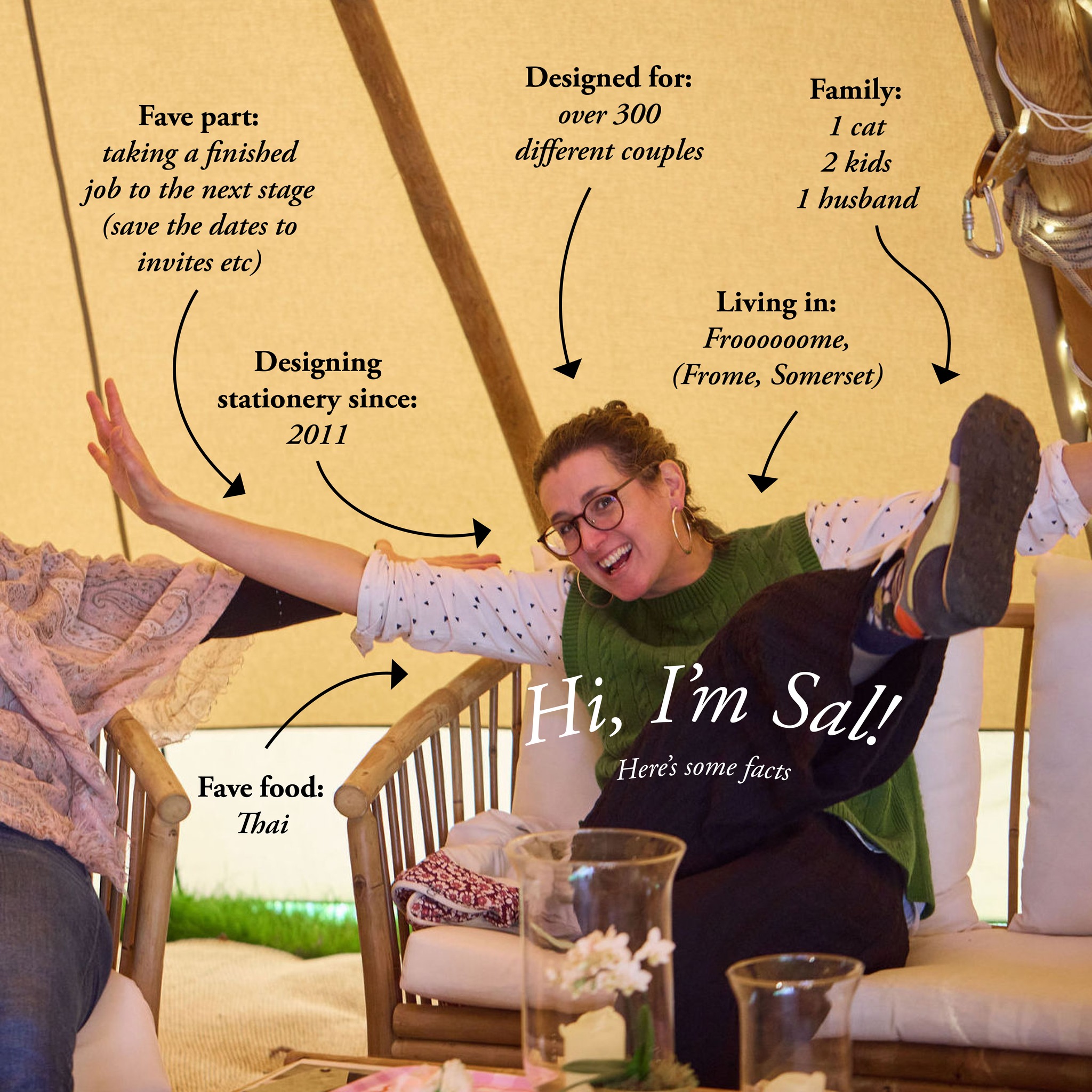 Hi you lovely lot! I’m Sally, a Stationery Designer, based in the lovely market town of Frome, Somerset (about half an hour from Bath). I’ve been designing for 18 years, and specifically weddings, for 11. Time flies!
A little bit about me: I love hiking in the middle of nowhere, and exploring new places,
spicy food is the best, followed closely by crisps. I like to stay fit, love a bit of silly banter, and catching up with friends with a glass of red is lush.
So that’s me, is there anything other things you would like to know? Quiz me below, or say hello and tell me about you.
Photo: @tomandlizzieredman
Tent: @coastaltents
Person the left who didn't like her photo: Sarah from @switswoophotobooths 😆. You looked gorgeous, as always, Sarah!
#somersetweddingsuppliers #ukweddingstationery #weddingsupplier #somersetl #weddingstationerydesigner #meetthemaker #fromsallywithlove