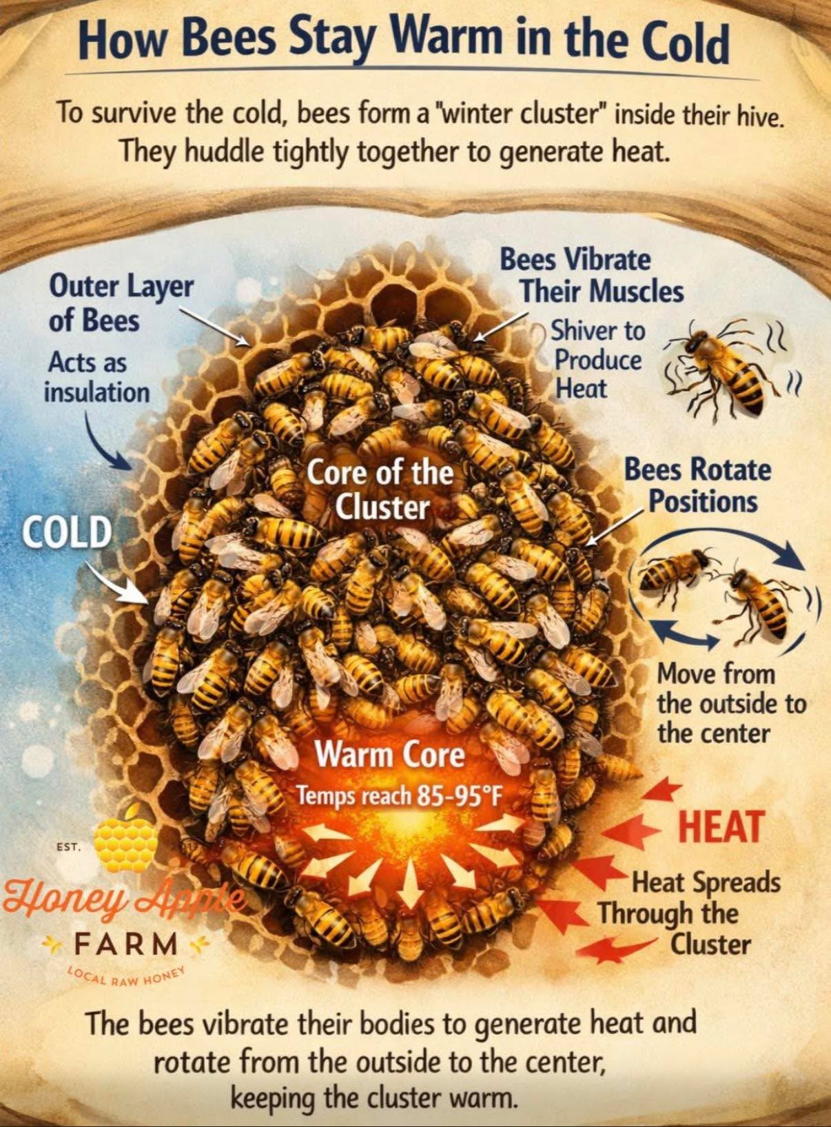 This is what the bees do inside the hive in the winter. Just like the penguins, they rotate the outside ring so the bees in the inside can keep warm, the queen at the center. Hope they start warm this week!