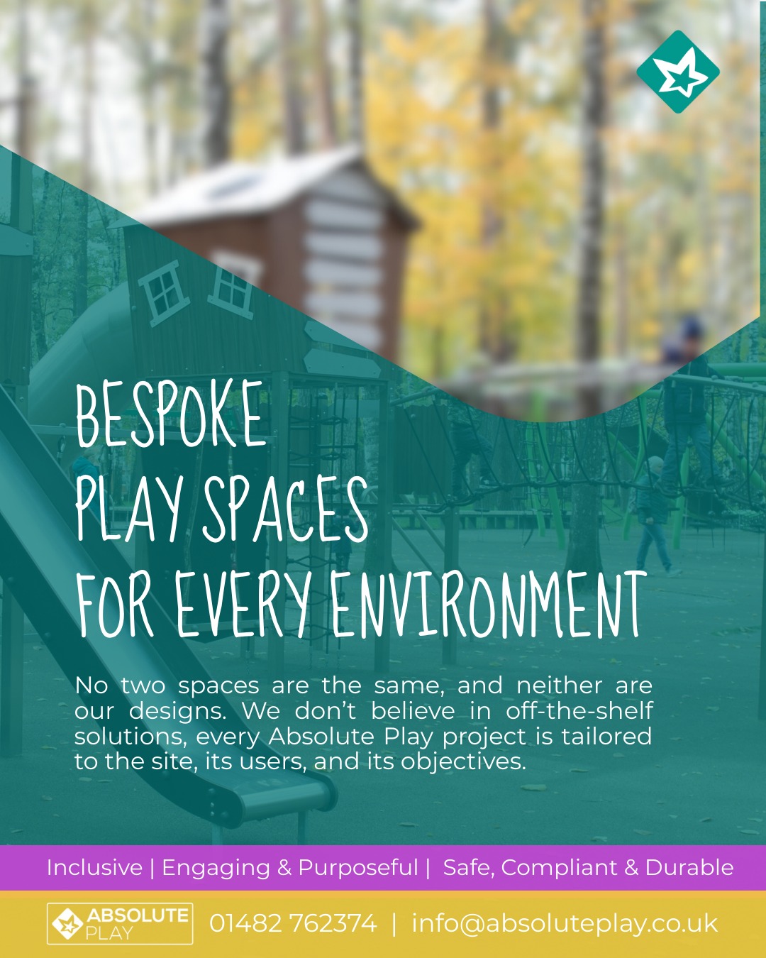 No two spaces are the same, and neither are our designs.
We don’t believe in off-the-shelf solutions. Every Absolute Play project is tailored to the site, users and objectives, ensuring the final result reflects the needs of the people it’s built for.
From small community spaces to large education and leisure sites, our bespoke approach delivers play areas with purpose.
📧 Let’s discuss your requirements: info@absoluteplay.co.uk