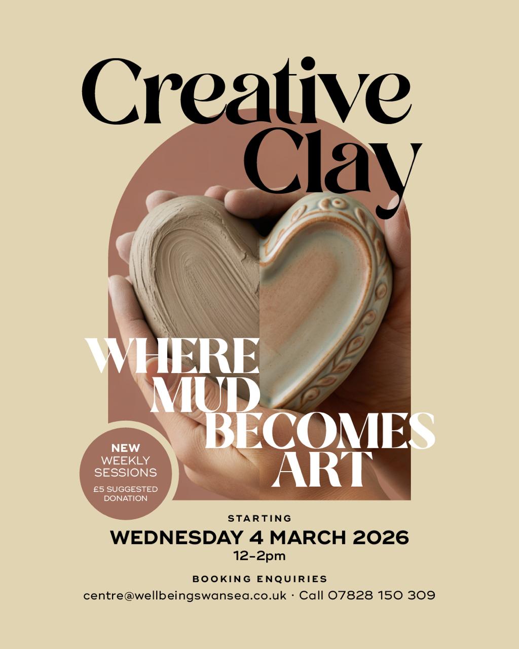 Creative Clay Drop-in
Wednesdays 12-2
(starting 4th March)
A friendly, informal clay drop in open to all abilities. Spend time creating, experimenting, and connecting with others in a welcoming space. Adults 18+
Suggested donation £5.
centre@wellbeingswansea.co.uk
#creativeclay #clayclass #clayart #wellbeing