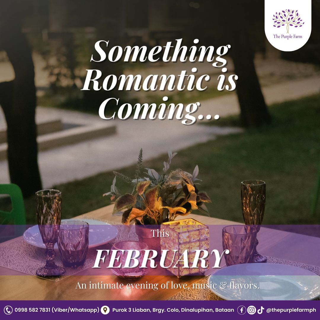 Something romantic is coming… 💕
This February, treat your special someone to an intimate evening of love, music, and flavors 🌙
Only at The Purple Farm 💜
✨ Stay tuned
#ThePurpleFarmPH #RomanticNight #DateNightPH #FebruaryVibes