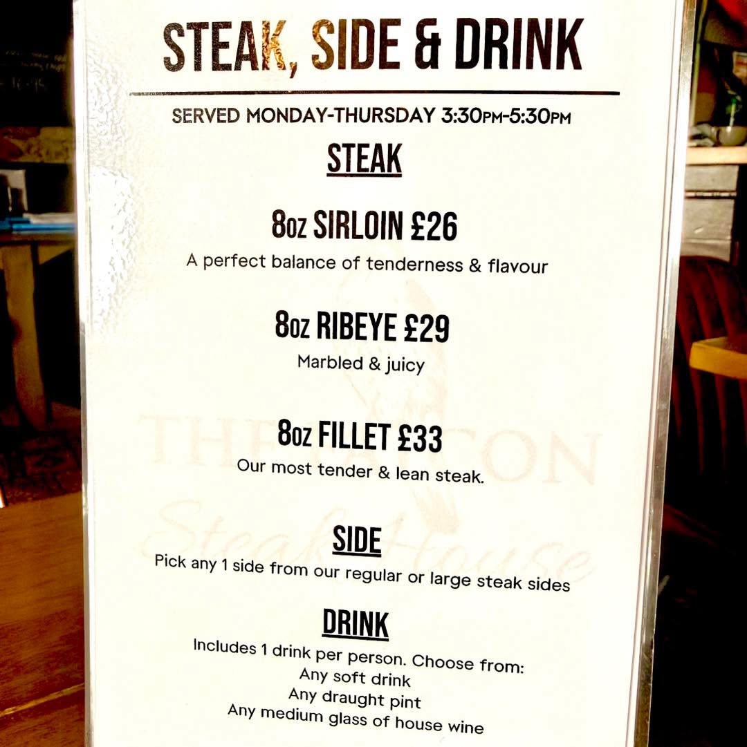 🥩 Afternoon Steak, Sorted 🍷
(Please share to help us promote our new offering)
Did you know we serve food all day, every day from 12–9?
Well… now there’s even more reason to drop in mid-afternoon 👀
We’ve launched a brand-new Afternoon Deal and it’s a belter:
👉 A steak
👉 Any side (from our full list of 16)
👉 Any drink from the list
All for one cracking deal, available Monday–Thursday, 3:30–5:30pm.
Perfect for late lunches, early dinners, or just because you fancy a juicy steak at 4pm (no judgement here).
📲 Always best to book
👉 https://www.falconsteakhouse.com/book-now/
See you mid-shift 🖤🍽️