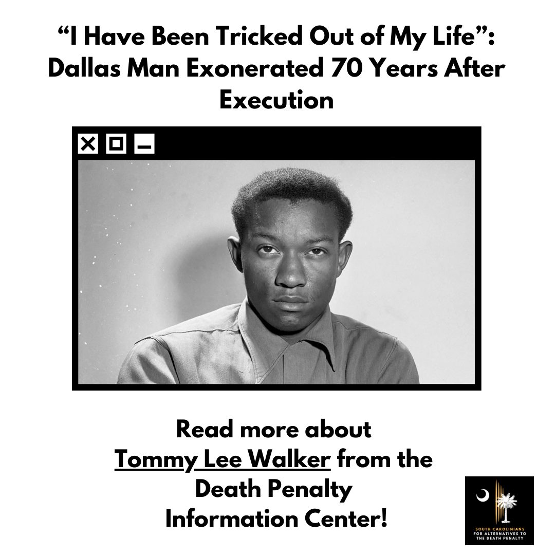 "September 30, 1953 was an eventful night for 19-year-old Tommy Lee Walker. After catching a ride home from work at 6 p.m. — he didn’t have a car — he spent a few hours with friends in Exall Park near his home in Dallas. He then visited his girlfriend Mary Louise Smith, who was nine months pregnant. It seemed like the baby would come any minute, and sure enough, Mary Louise went into labor that night. Their son Ted was born in the early hours of October 1.
"Yet despite the many witnesses who saw Mr. Walker the evening before his son’s birth, infamous Dallas District Attorney Henry Wade prosecuted Mr. Walker, who was Black, for the rape and murder of a white woman that occurred three miles across town that same evening. An all-white jury convicted Mr. Walker and sentenced him to death. “I feel that I have been tricked out of my life,” Mr. Walker said at the sentencing hearing. Before he was executed in the electric chair on May 12, 1956, at just 21 years old, he used his last words to proclaim his innocence. "
Read more about the case from Death Penalty Information Center: https://deathpenaltyinfo.org/i-have-been-tricked-out-of-my-life-dallas-man-exonerated-70-years-after-execution