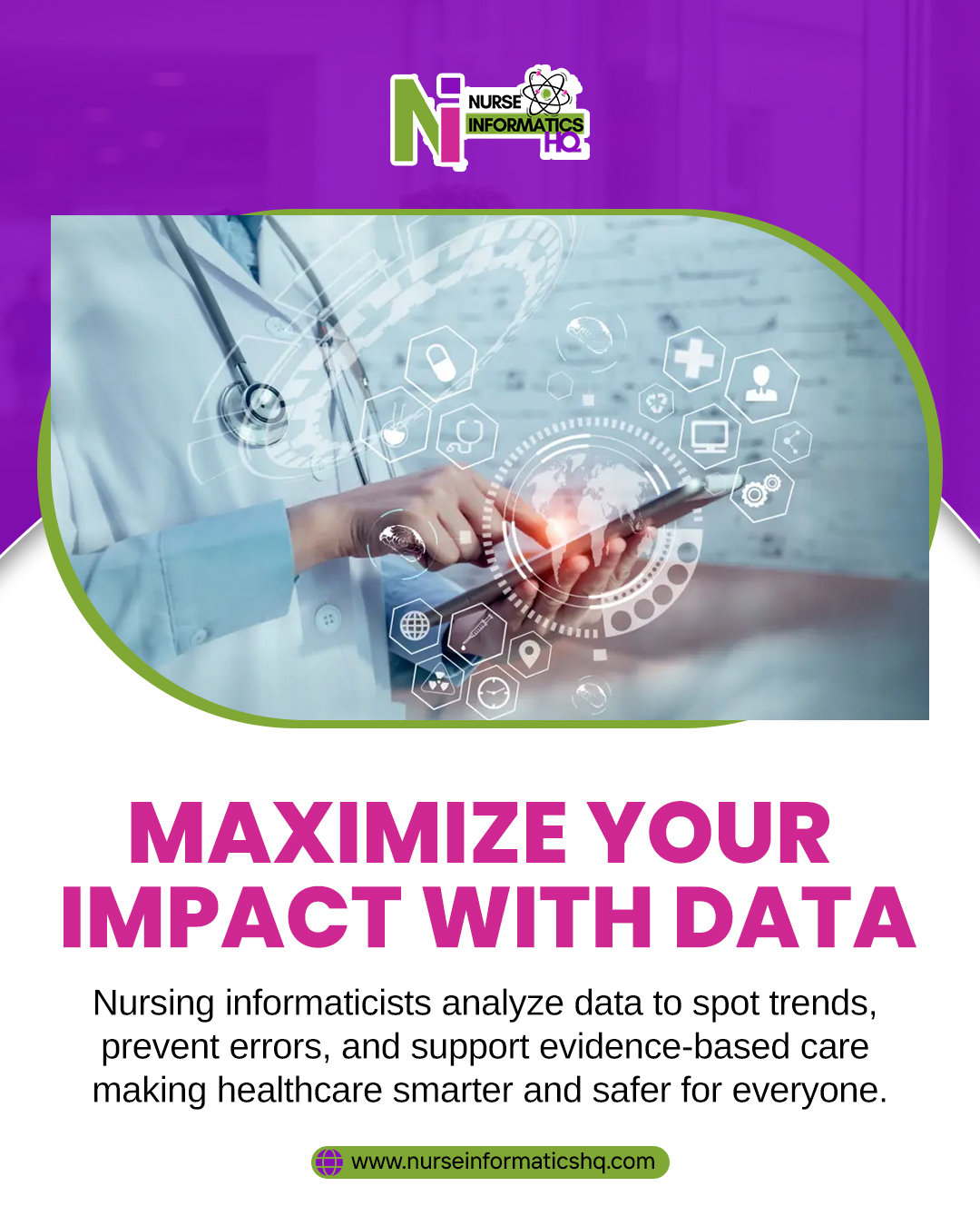 Maximize Your Impact with Data
Nursing informaticists use data to identify trends, prevent errors, and support evidence-based care—making healthcare smarter, safer, and more effective for everyone.
At Nurse Informatics HQ, we empower healthcare professionals with the knowledge and tools to turn data into better patient outcomes.
📊 Smarter decisions
🏥 Safer care
📈 Stronger outcomes
🌐 Learn more: www.nurseinformaticshq.com
#NursingInformatics #HealthcareData #EvidenceBasedCare #HealthTech #PatientSafety #NurseLeaders #ClinicalInformatics #HealthcareInnovation #NurseInformaticsHQ