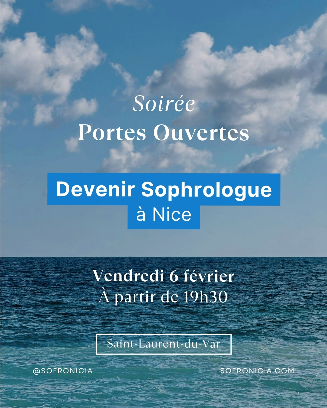 Avant les rentrées de formation prévues en mars, venez découvrir l’école Sofronicia. Rendez-vous le vendredi 6 février à partir de 19h30 pour une soirée portes ouvertes conviviale et informative.
Cette rencontre est une invitation à :
-Prendre un temps pour vous en ce début d’année,
- Découvrir notre école et son approche de la sophrologie caycédienne,
- Vous projeter sereinement dans un projet de formation porteur de sens, au service de l’accompagnement humain.
- Vous informer sur les prochaines rentrées de formation en formules semaine (lundis et mardis) ou week-end à Nice, prévues les 21 et 23 mars.
📍 Lieu : Sofronicia, 40 boulevard Jean Ossola, 06700 Saint-Laurent-du-Var
📅 Date : Vendredi 6 février
🕖 Horaire : 19h30
💬 Événement gratuit – sur inscription
Pourquoi participer ?
Un moment d’échange privilégié pour poser vos questions, rencontrer l’équipe et envisager la suite de votre parcours professionnel en toute clarté.
👉 Inscription obligatoire – places limitées
📧 ecole@sofronicia.com
📞 06 84 70 51 29
🌐 www.sofronicia.com
#sofronicia #devenirsophrologuenice #sophrologiecaycedienne #devenirsophrologue #formationsophrologie