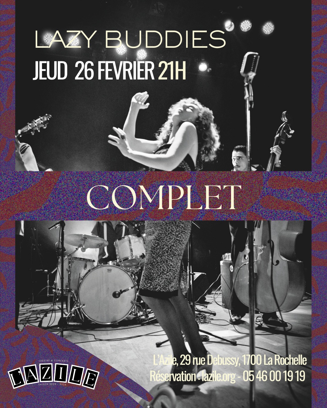 🎶- COMPLET - Retrouvez Lazy Buddies le 26 février à l'Azile.
📖Nés en 2005 entre Rennes et Nantes, les Lazy Buddies rassemblent cinq musiciens passionnés de Blues et de musiques noires américaines des années 50.