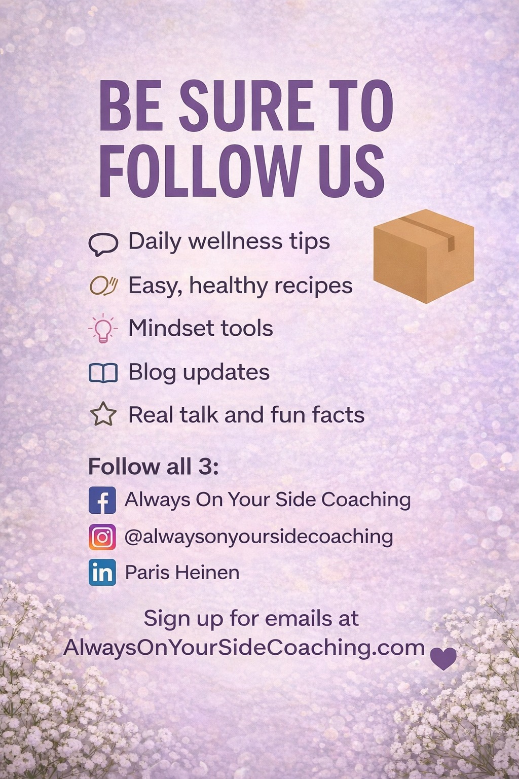 This is your reminder to follow us 💜
Why?
Because wellness shouldn’t be confusing, overwhelming, or extreme.
We keep it simple, practical, and doable — every week.
✨ Wellness tips
✨ Recipes that fit real life
✨ Mindset support
✨ Blogs that meet you where you are
Follow on Facebook, Instagram, and LinkedIn
Sign up for emails at AlwaysOnYourSideCoaching.com
Let’s do this together.
— Coach Paris
#AlwaysOnYourSide #CoachParis #WellnessMadeSimple #HealthSupport #ConsistencyOverPerfection
