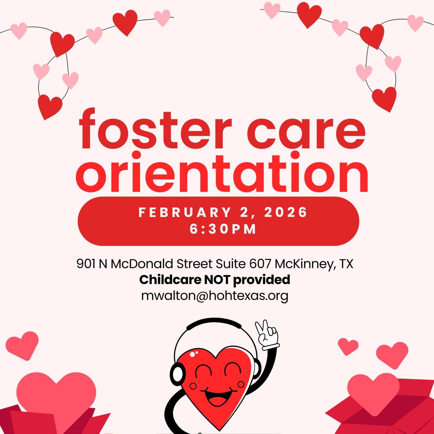Join us Monday evening at our McKinney office for a foster parent orientation. We will walk you through the basics of foster care, the requirements, and the licensing process. This meeting is available for kinship caregivers as well. RSVP at the link below or email mwalton@hohtexas.org with questions.
https://forms.gle/vDpsKJn2hLShU5qE6