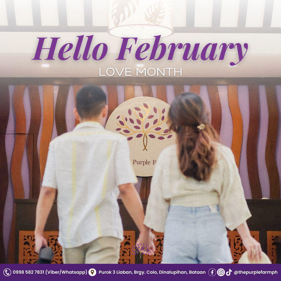 Love month is finally here 🤍
Slow days, gentle moments, and memories made together. Celebrate February with the ones you love.
💜 Book now.
📩 Message us on Facebook or Instagram
📱 Viber/WhatsApp: 0998-582-7831
📍 Purok 3, Liaban, Brgy. Colo, Dinalupihan, Bataan
#LoveMonth #HelloFebruary #RomanticVibes #ThePurpleFarmPH #CoupleMoments #LoveSeason