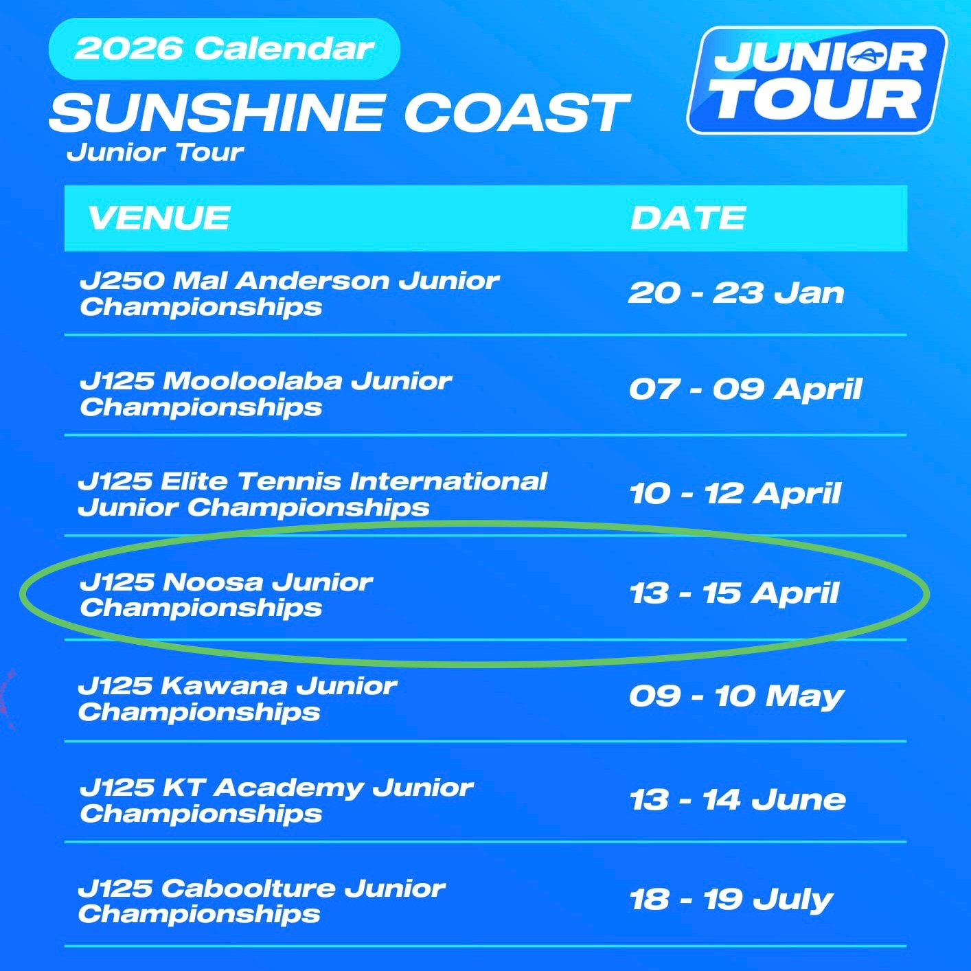 🎾 Junior Development Series & Junior Tour – Schedule Now Live! 🎾
The official schedule for the upcoming Junior Development Series (JDS) and Junior Tour is now out! Check out the events for Noosa Tennis Club. A great chance to plan ahead and lock in key tournament dates for the season.
✨ New to tournaments?
If your child is looking to play their very first tournament, the JDS entry will be FREE for brand new players, the perfect way to get started in a fun, supportive environment.
📅 Check out the full schedule, mark the dates, and get ready — entries opening soon!
If you need help choosing the right level or have any questions, just reach out 🎾
https://www.tennis.com.au/qld/tournaments-competitions/juniors/junior-development-series/sunshine-coast
@tennis.sunshinecoast @tqcompetitiveplay @tennisqld @wilsontennis @head_tennis @visitnoosa @sunshinecoastcouncil