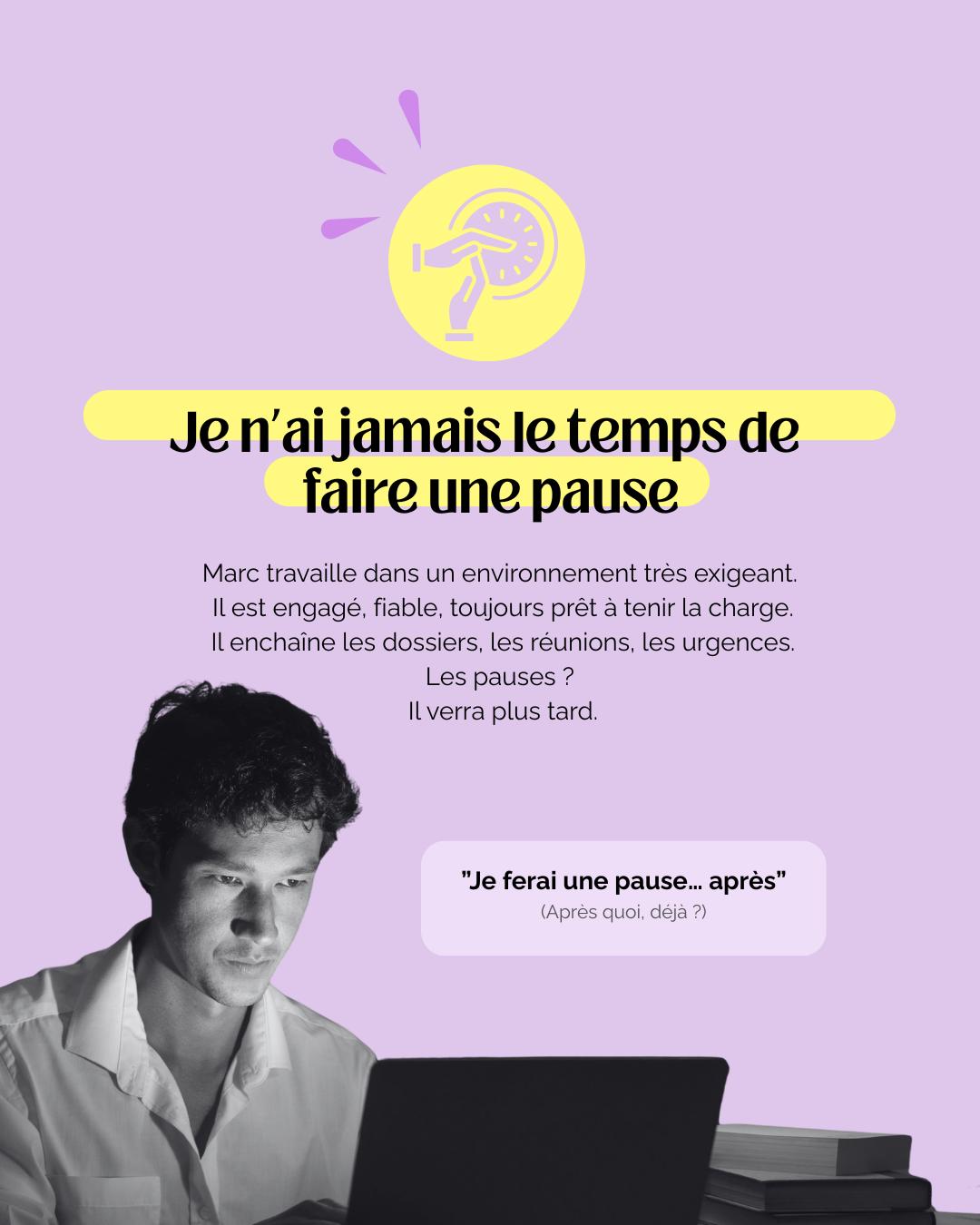 Je n’ai jamais le temps de faire une pause
Titouan travaille dans un environnement très exigeant.
Il est engagé, fiable, toujours prêt à tenir la charge.
Il enchaîne les dossiers, les réunions, les urgences.
Les pauses ?
Il verra plus tard.
Ce que ça crée :
▫️Une fatigue profonde, globale, qui ne passe plus
▫️Une forme de déconnexion émotionnelle
▫️Un stress de fond, devenu presque normal
Quand la création met en lumière ce qui ne se dit pas
Lors d’un atelier Tatsucolor, Titouan peint.
Il garde son téléphone à portée de regard, même en silencieux (consigne de l’atelier).
Il remplit toute la feuille de manière pointilliste et me demande s’il peut envoyer un message « très important ».
Je lui réponds que oui, si c’est urgent.
Il envoie son message, remet le téléphone en silencieux, puis reprend ses points.
Les couleurs sont denses, appuyées, sans respiration.
Le geste est continu, rapide, saccadé, presque mécanique.
Il ne s’arrête pas, même quand la feuille est saturée.
Puis il sort répondre à un appel et revient avec un petit sourire :
« J'avais fini de toute façon. »
Je lui pose alors une question simple :
« Où est l’endroit où tu peux respirer, là-dedans ?
Titouan comprend que ce rythme effréné
ne vient pas seulement des contraintes extérieures.
Derrière, une croyance profondément ancrée :
« Prendre soin de moi est égoïste. Je dois d’abord produire. »
Pourquoi c’est un signal à ne pas ignorer :
▫️le stress devient chronique
▫️l’épuisement s’installe durablement
▫️la régulation émotionnelle s’altère
▫️le désengagement finit par apparaître
Ce que permet l’accompagnement par la création artistique
En passant par le corps, le geste et l’émotion, plutôt que par la volonté ou le mental,
Titouan peut :
ressentir ses limites réelles
réintroduire du repos sans culpabilité
se reconnecter à ses besoins
comprendre que prendre soin de soi soutient aussi la performance
💬 Ça te parle ?
En commentaire, complète la phrase que tu te répètes le plus souvent au travail :
« Je continue, même si ______. »
(Un mot suffit.)