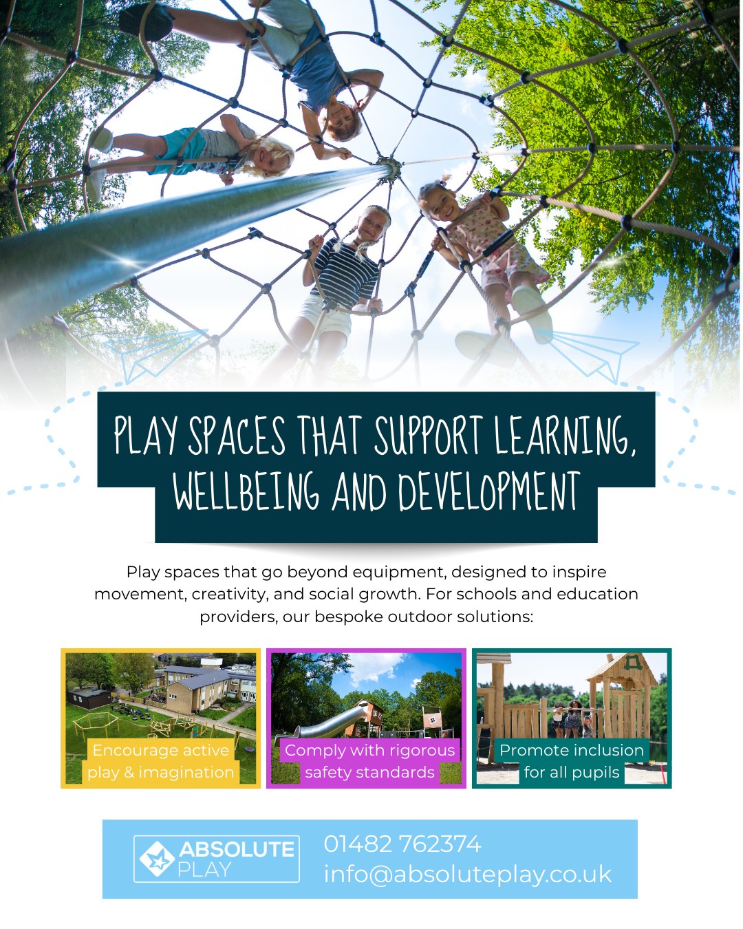 Play spaces that support learning, wellbeing and development.
For schools and education providers, outdoor play is about more than equipment. It’s about creating environments that:
• Encourage movement and creativity
• Support social development
• Promote inclusion
• Meet strict safety standards
We design bespoke play solutions tailored to your pupils, space and educational goals.
📧 Contact us to discuss your project: info@absoluteplay.co.uk
