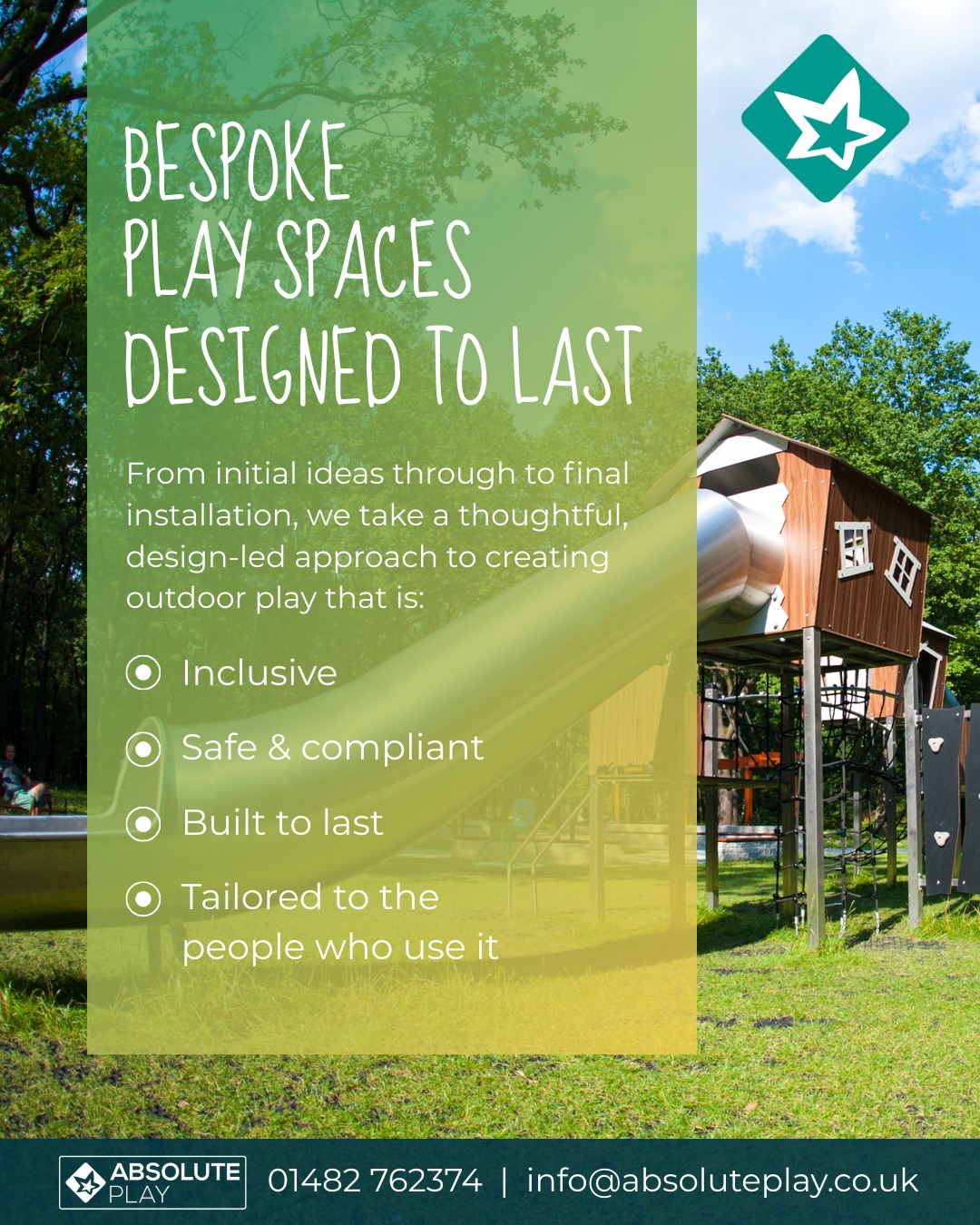 At Absolute Play, we design and install bespoke play spaces that bring communities, schools and commercial environments to life ✨
From initial ideas through to final installation, we take a thoughtful, design-led approach to creating outdoor play that is:
• Inclusive
• Safe & compliant
• Built to last
• Tailored to the people who use it
We work closely with parish councils, education settings, and commercial providers across the UK to create play spaces that truly work now and for years to come.
👉🏼Get in touch: info@absoluteplay.co.uk