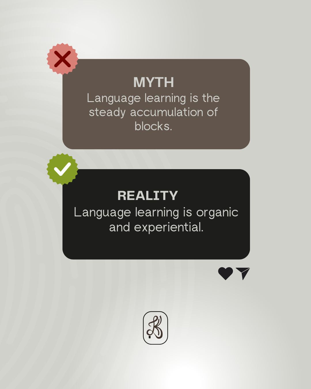 The “blocks” myth is comforting. It suggests that if learners just keep adding pieces — one grammar point, one word list at a time —
proficiency will eventually appear.
But real language development doesn’t work like LEGO.
Learners don’t acquire language in neat, predictable layers. They develop idiosyncratic proficiency, influenced by the quality of input they receive,
the chances they have to use the language, and what they notice along the way.
That’s why:
– progress is uneven
– plateaus are normal
– accuracy and fluency don’t grow in sync
And that’s also why two learners with the same “content covered”
can end up with completely different levels of competence.
Seeing language learning as organic changes how we teach, plan, and evaluate progress.
It shifts the focus from coverage to experience, exposure, and use.
💭 Which myth about language learning do you think is hardest to let go of?
Reference: Scott Thornbury - 66 Essentials of Lesson Design.