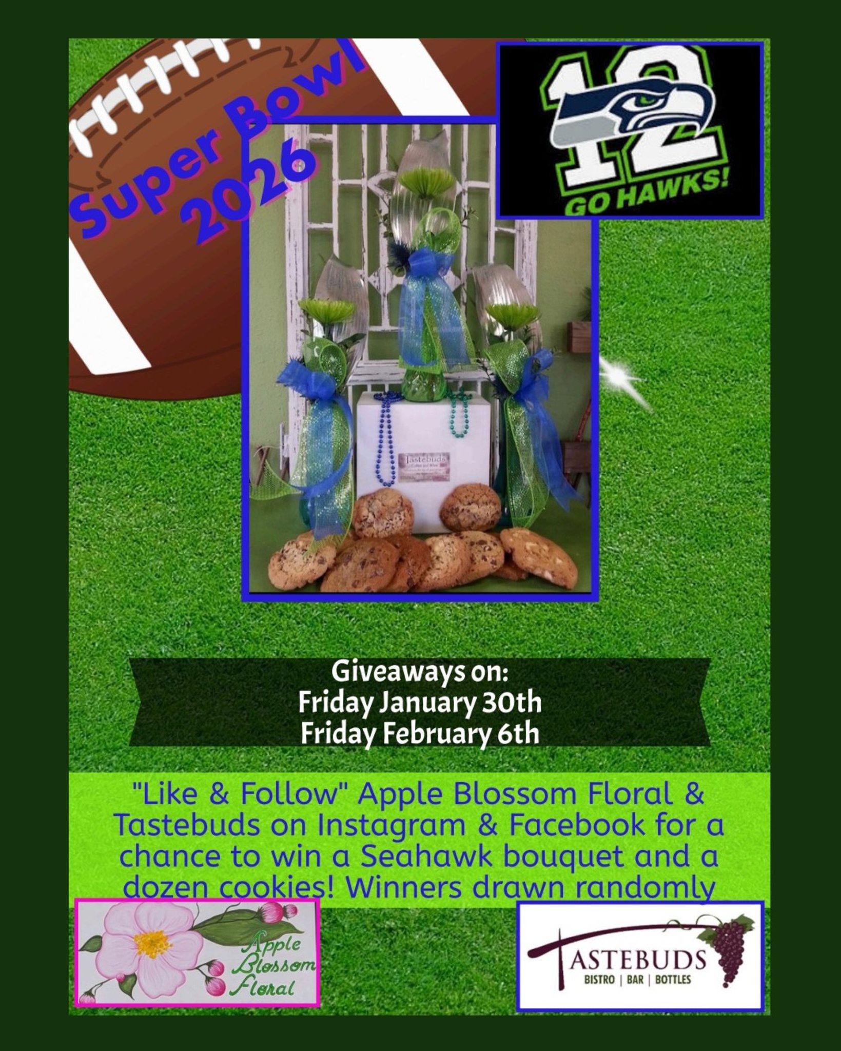 "Like & Follow" Apple Blossom Floral, Inc. & Tastebuds Coffee and Wine on Instagram & Facebook for a chance to win a Seahawk bouquet and a dozen cookies!
Winners drawn randomly
#floraldesign #Seahawks #wenatchee #cookies #giveaway