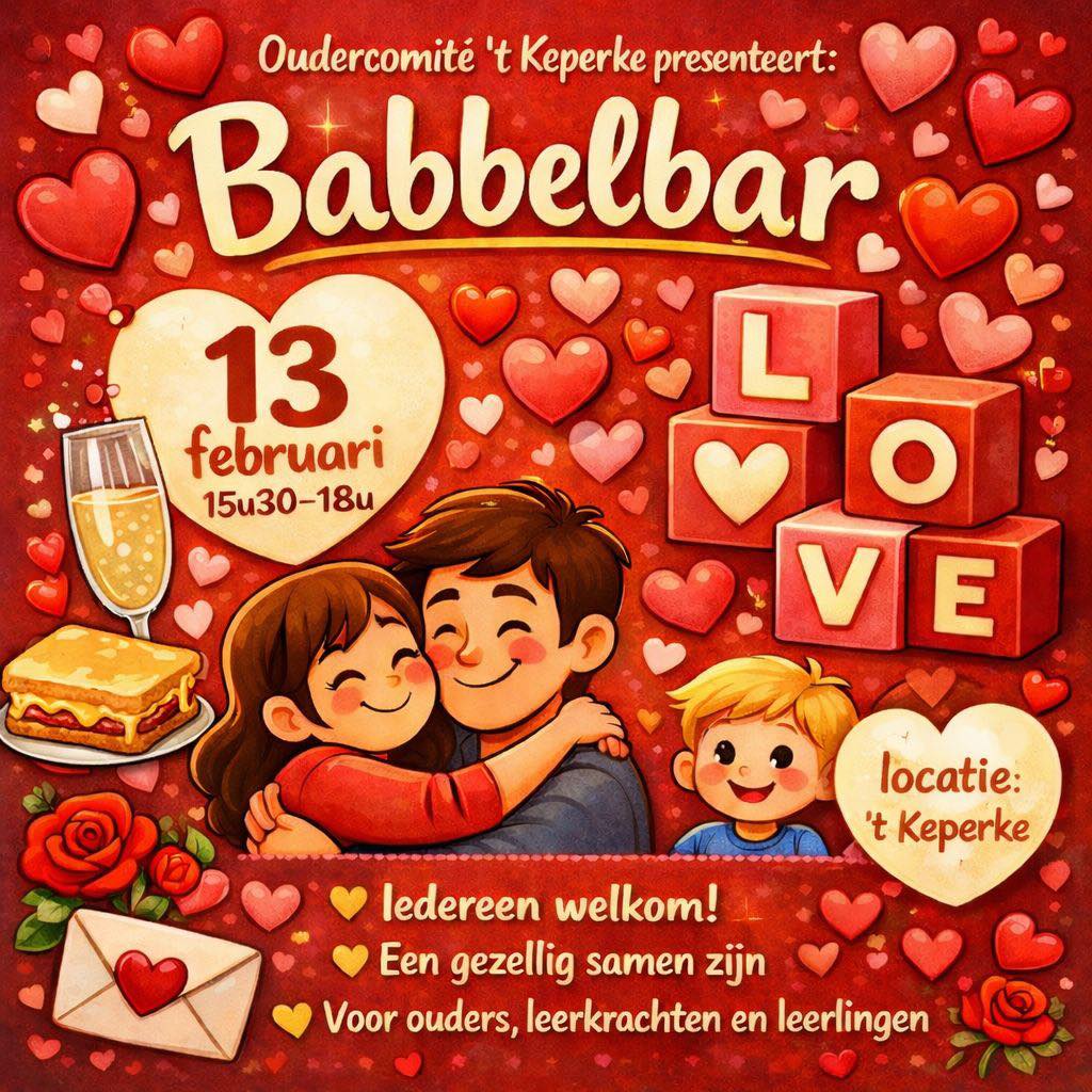 ❤️ BABBELBAR @ ‘t Keperke ❤️
Op vrijdag 13 februari nodigt het oudercomité van ’t Keperke jullie van harte uit op onze Babbelbar! 🥂✨
🕒 15u30 – 18u
📍 Locatie: ’t Keperke
Kom gezellig bijpraten, leer elkaar beter kennen en geniet van een warme, fijne sfeer 💬💕
👉 Iedereen welkom!
👉 Voor ouders, leerkrachten én leerlingen 👨👩👧👦👩🏫🧒
Samen maken we er een moment van verbinding en gezellig samenzijn van ❤️
Wij kijken er alvast naar uit! 🥰
#Babbelbar #Oudercomité #tKeperke #Itterbeek