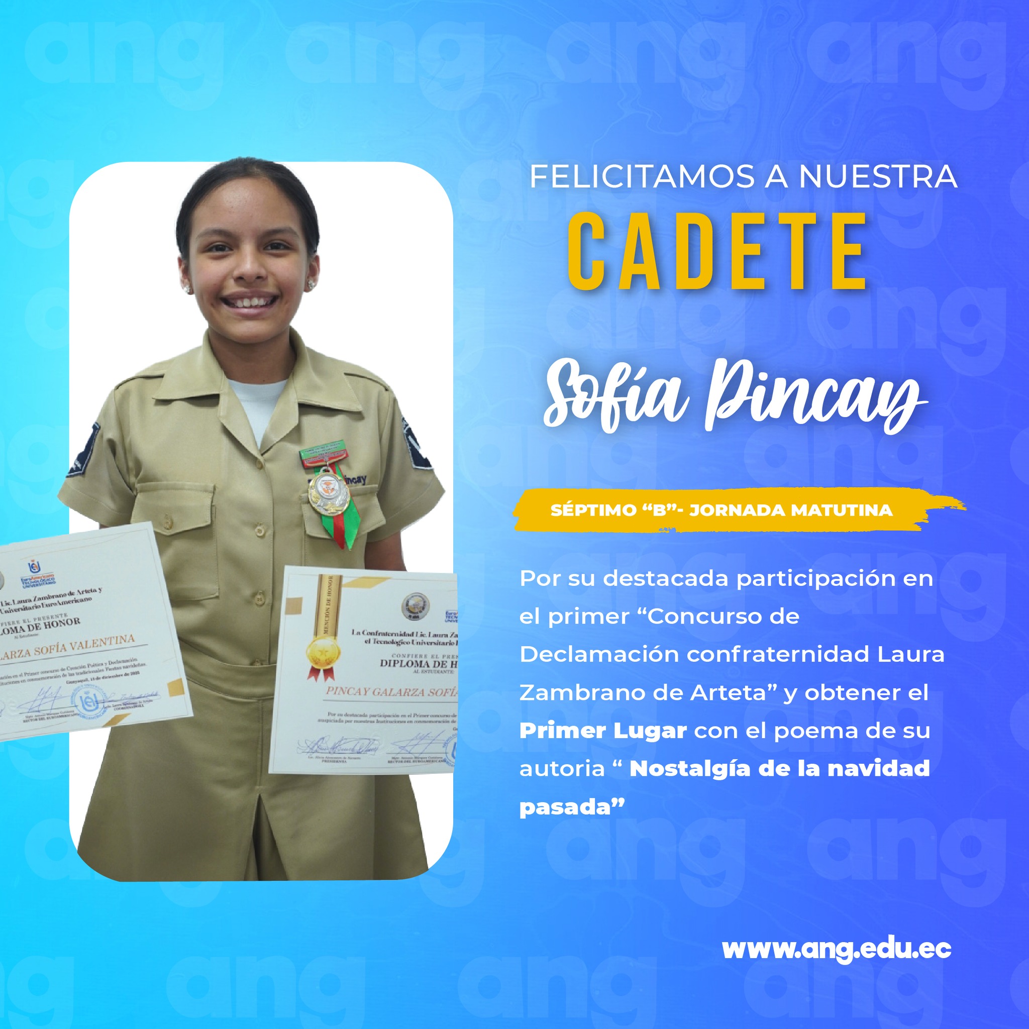 ✨🎤 Felicitamos con mucho orgullo a Sofía Pincay 🎤✨
Por su destacada participación en el Primer Concurso de Confraternidad Laura Zambrano de Arteta, donde obtuvo el primer lugar con su emotiva audición “Nostalgia de la Navidad Pasada”.
Su talento, sensibilidad y dedicación brillaron en cada palabra, dejando en alto su esfuerzo y pasión por el arte.
¡Sigue cosechando éxitos, Sofía! 👏🌟