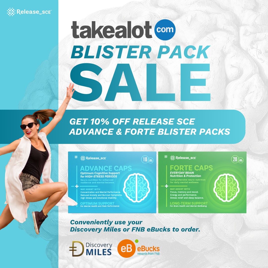 ON SALE 🎊 GET 10% OFF OUR 100% NATURAL brain optimisers! Forte & Advance Blister Packs - available for under R150 on Takealot.com
We’ve made Release SCE affordable for everyone, for everyday use! ✨
✅ Easy shopping
✅ Fast delivery
✅ Pay with Discovery Miles or FNB eBucks
Smart shopping starts here! 🧠