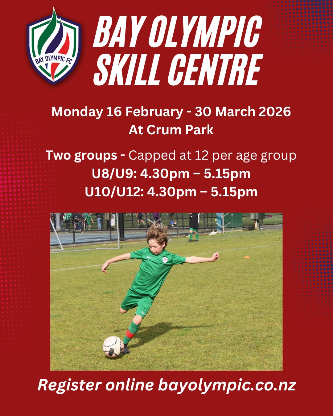 Our Community Skill Centre registrations for Term 1 are open!
These sessions focus on football skills and fun small-sided games, making them ideal for beginners and players wanting to build confidence and improve their fundamentals. Players will develop key skills such as striking the ball, passing, and receiving, while learning how to attack and defend in game-based situations.
WHEN: Monday 16 February through 30 March 2026
Two groups - Mixed
U8/U9: 4.30pm – 5.15pm
U10/U12: 4.30pm – 5.15pm
Capped at 12 per age group
WHERE: Crum Park Turf, Hilling Street, Green Bay
Jump on our website https://www.bayolympic.co.nz/ to register!