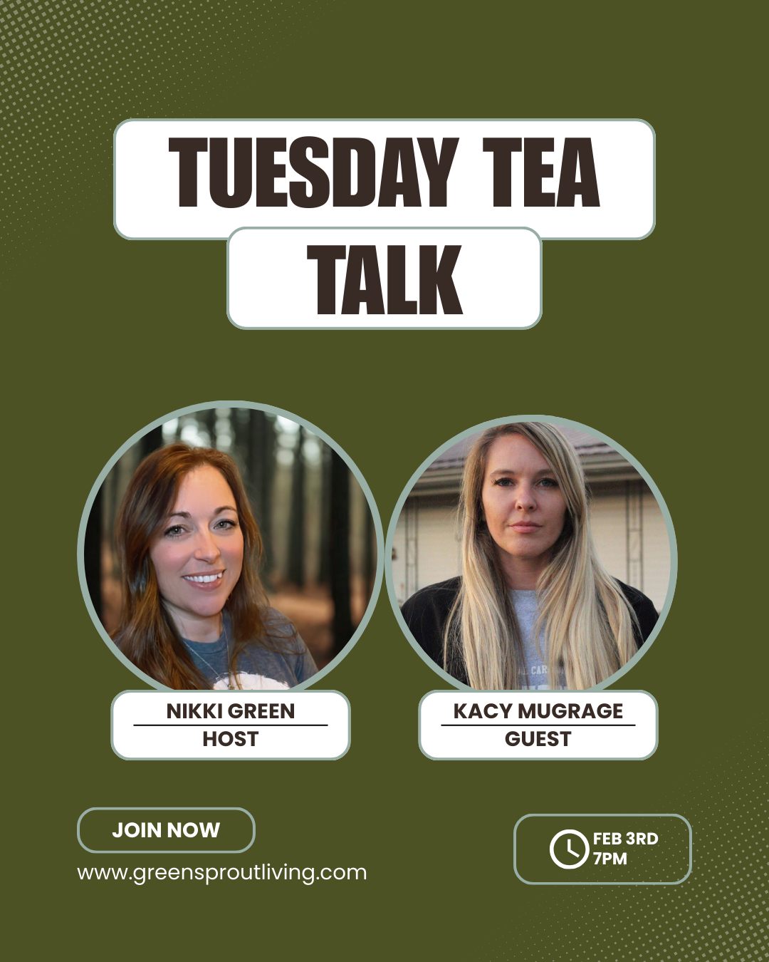 Join me and Kacy Mugrage, Ayurvedic practitioner, as she takes us through how to stay balanced during the winter season, gently transition into spring, and what an Ayurvedic cleanse can look like in real life.
She’ll talk about simple, practical ways to care for your body, support digestion, and live in rhythm with the seasons — without overwhelm or extremes.
If you’ve been feeling a little off, tired, or out of sync lately, this will give you grounded, useful insight you can actually use.
RSVP for this live event
📅 February 3 at 7 PM
https://www.greensproutliving.com/event-details/tuesday-tea-talk-guest-speaker-kacy-mugrage
Once you have RSVP'd to this event make sure you check your email (even your spam folder) to get you like to the zoom meeting.