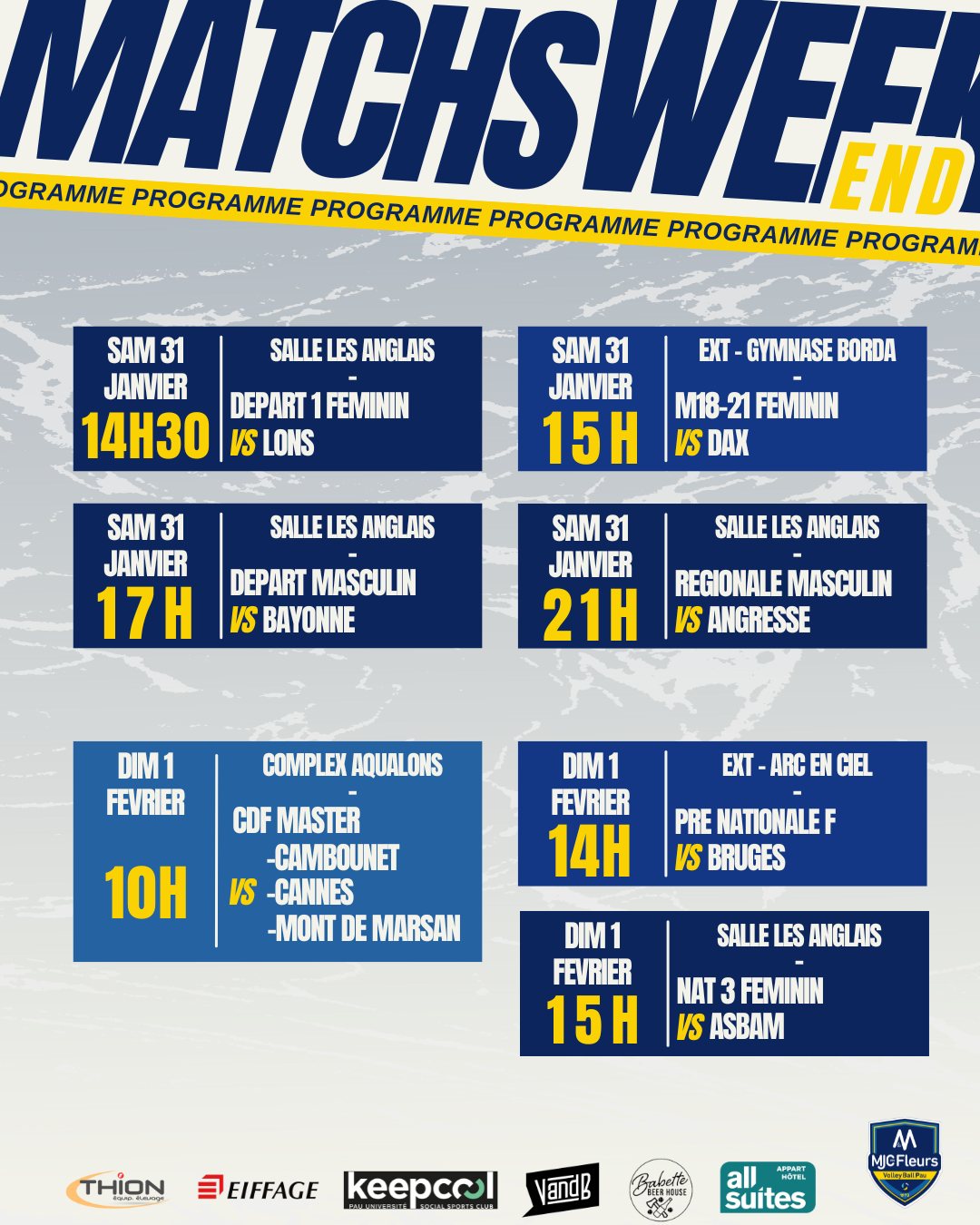 🌸 Programme du week-end 🌸
A domicile, ⚠ SALLE LES ANGLAIS ⚠
📅 Samedi 31 janvier
-14h30, Départementale F 1 contre Lons
-17h, Départementale G contre Bayonne
-21h, Régionale G contre Angresse
📅 Dimanche 1 Février
-15h, Nationale 3 F contre ASBAM (Montpellier)
En déplacement
🚗 Samedi 31 Janvier
-15h, M18-21 F à Dax (Lycée Borda)
🚗 Dimanche 1 Février
-10h, Coupe de France master à Lons, contre
Cambounet / Cannes / Mont de Marsan
-14h, Pré-nationale F à Bruges
📸 ; @sowaho0
@ruiztheo
🙌 Partenaires ;
Thion Equip'Elevage / @keepcoolpau / @vandbpau
/ @all_suites / @babettebeerhouse