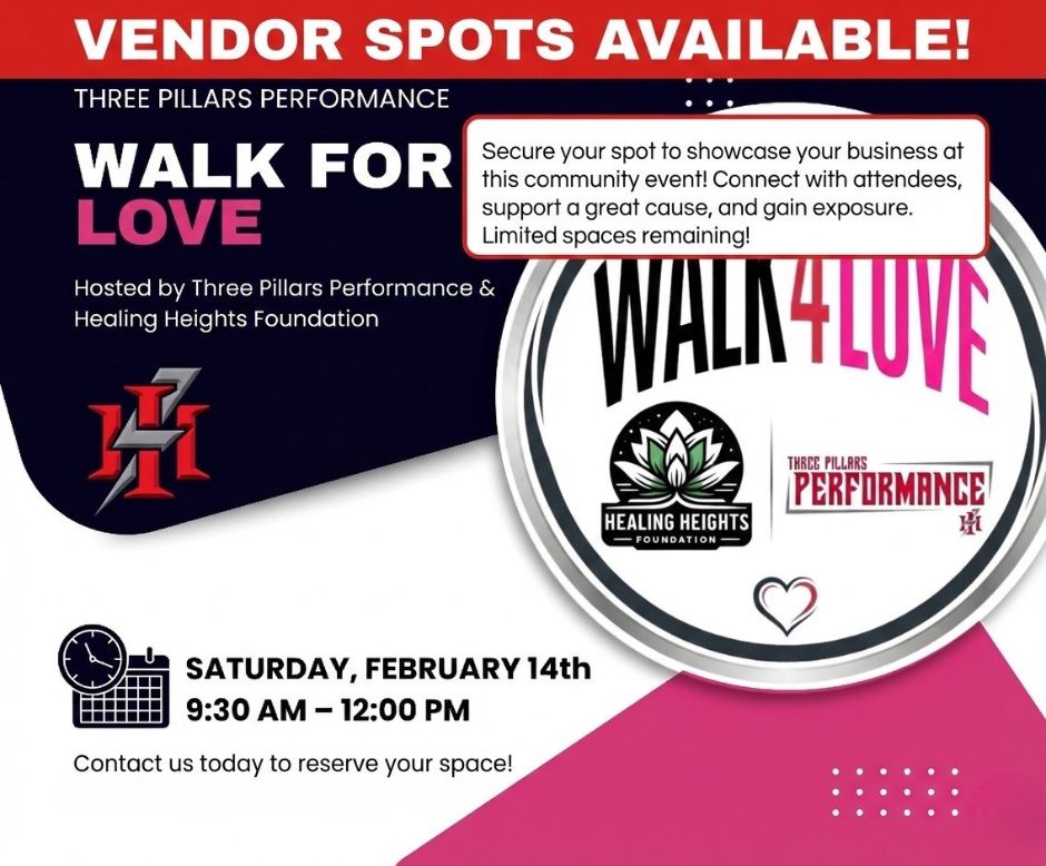 LOCAL BUSINESSES: This is your moment! 💼 Vendor spots available for Walk for Love, Feb 14. Connect with our community and make an impact. Limited spots—reach out now! https://threepillarsperformance.com/contact
Register: https://threepillarsperformance.com/walk-4-love ❤️