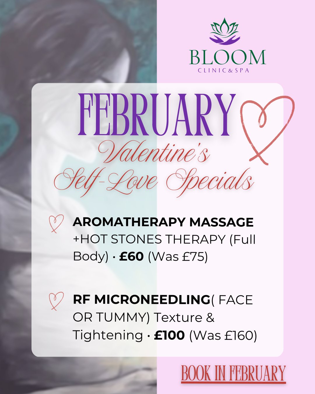 🌹 Valentine’s Self-Love Specials 🌹
To all my lovely ladies, this February is about falling in love with your own glow. Whether it’s total relaxation or a skin transformation, you deserve it. ✨
I’ve prepared two exclusive treats for you:
💖 Aromatherapy + Hot Stone Massage | Full Body | £60 (Was £75)
💖 RF Microneedling | Face or Tummy | £100 (Was £160!)
✨ Treat yourself! You're worth it. ✨
----------------------------------------
🌸 These special prices are available for bookings made in February only!
DM to claim your me-time. 💌