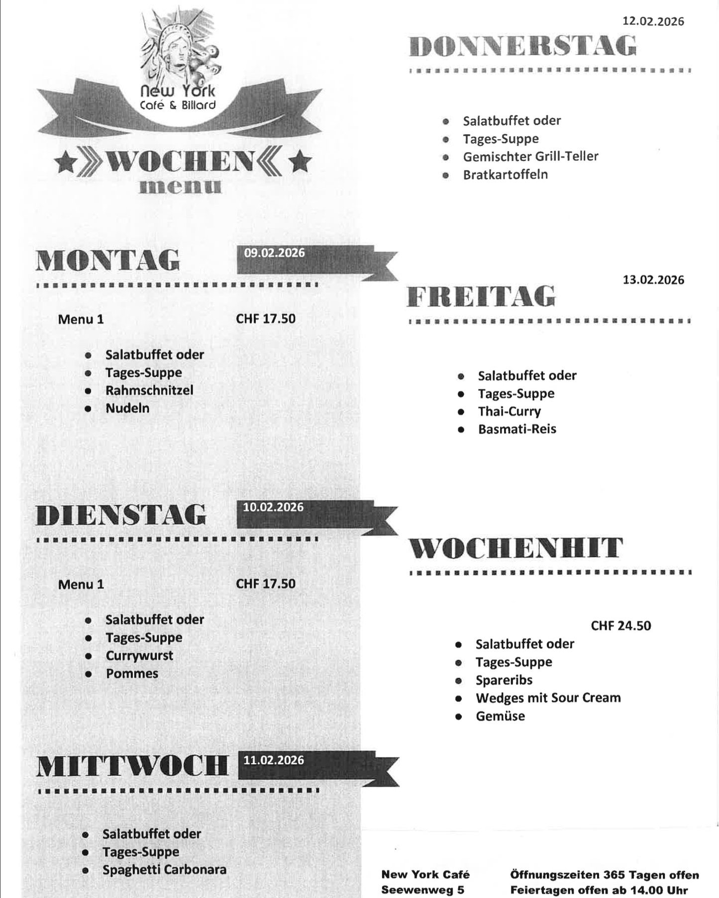 Aktuelles Wochenmenü❗
Zu jedem Gericht etwas vom Salatbuffet!
Jede Woche einen Wochenhit 🌟