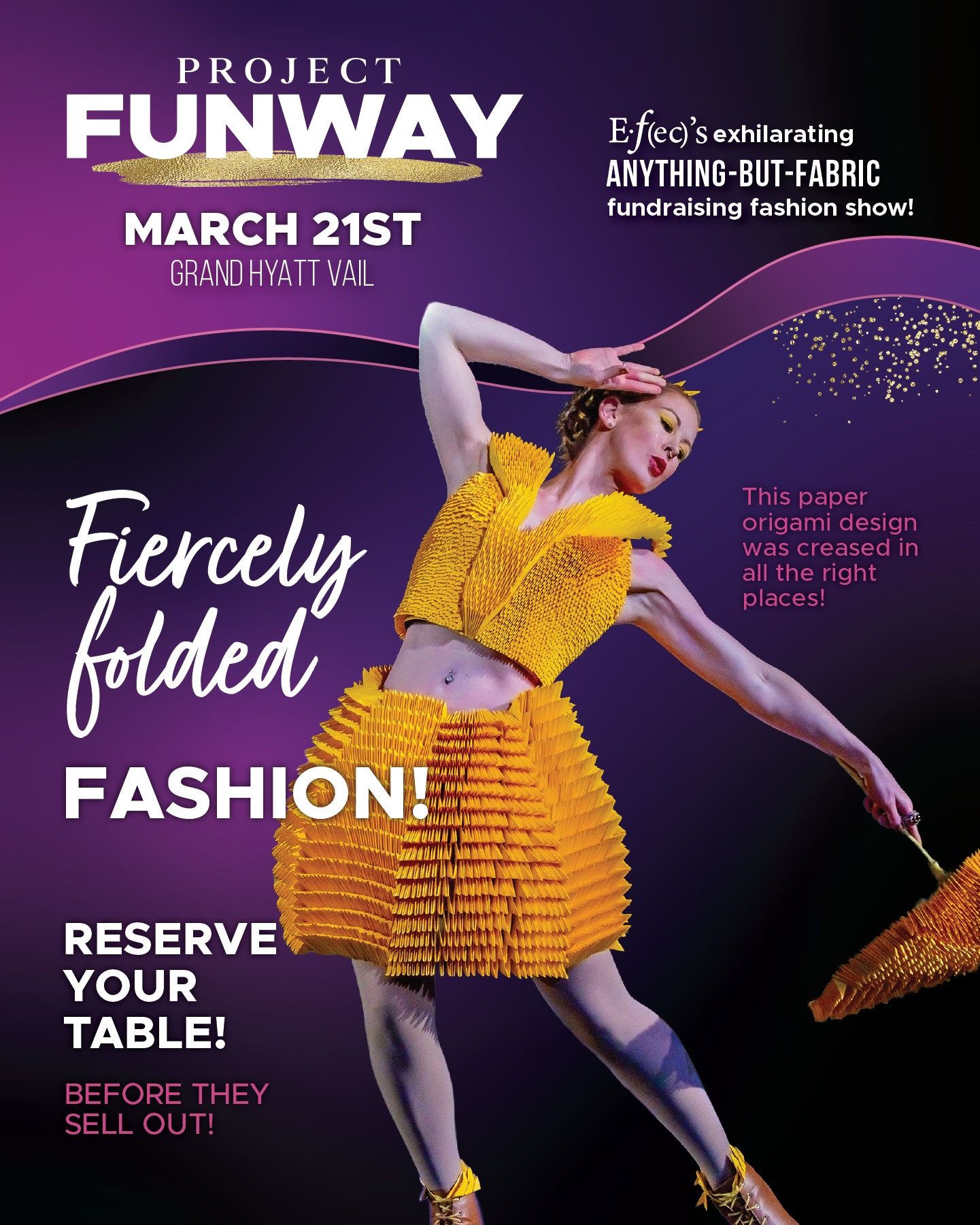 Last year, this origami paper fashion design was a FOLD above the rest—winning 1st place in the adult category!
See what they will come up with this year!
RESERVE YOUR PROJECT FUNWAY 2026 TABLE TODAY!
Due to a one-year venue change while Dobson Arena is renovated, Project Funway 2026 will host a more intimate audience at the Grand Hyatt Vail. Table seating is extremely limited and expected to sell out quickly—early reservations are strongly encouraged.
Visit ProjectFunway.org to grab your table, sponsor, or donate!
Thank you to our sponsors! You make this event possible!
@vailmtn, @beavercreek, @alpinebank, The Zimmel Family Foundation, WinMax Foundation, Gina Browning & Joe Illick, The Elliott Family and so many other generous sponsors.
#projectfunway #sparkcreativity
@grandhyattvail