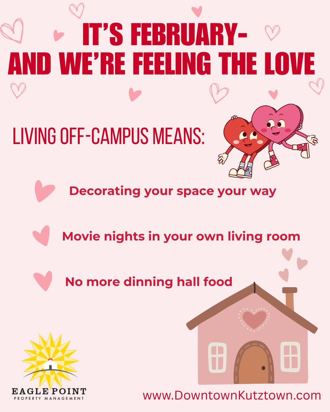 Love is in the air… and so is the scent of your own cooking, in your own kitchen 😍
#LoveWhereYouLive #eaglepoint #downtownkutztown #KU #goldenbears #kutztownuniversity #livehowyouwantto #EPPM #February #college #offcampusliving #offcampus