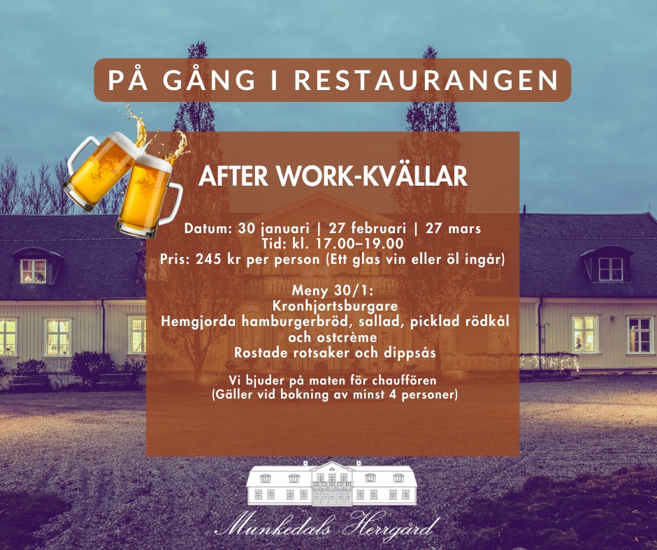 Ibland räcker det med en bra anledning att gå hemifrån.
En after work som dröjer sig kvar, en söndagsmiddag som smakar mer än vanligt – eller en fredagslunch värd att längta efter.
På Munkedals Herrgård låter vi maten, säsongen och lugnet sätta tonen. Här finns plats för samtal, skratt och vällagade rätter i en miljö där tiden får gå lite långsammare.
För att vi ska kunna ta hand om er på bästa sätt uppskattar vi om ni förbokar er plats.
Välkommen att slå dig ner hos oss – vi tar hand om resten.😍🥰
