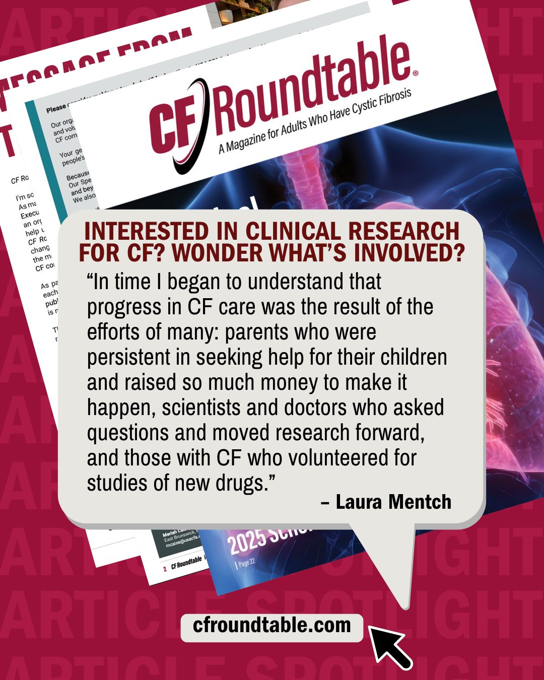 Have you ever wondered what it's like to be in a clinical trial and why it is important for the advancement of CF drugs?
▪️ Laura Mentch breaks it down in our latest publication starting on page 16. She explains the individual benefits as well as the benefit to all of us with CF, the process, and where to find clinical trials that could be a good fit for you.
▪️ Visit cfroundtable.com to subscribe to our free magazine!
▪️ Let us know if you have participated in a clinical trial and what was your experience?
#cf #cfawareness #cfcommunity #cfirl #cysticfibrosis