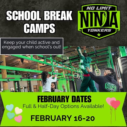 February break is right around the corner.
Join us at No Limit Ninja Yonkers for School Break Camps, February 16–20. Full-day and half-day options available.
Save your spot ➡️ yonkersninja.com/schoolbreakcamps
Link in bio.
#NoLimitNinja #YonkersNY #WestchesterNY #NinjaWarrior #NinjaTraining #NinjaGym #ObstacleCourse #WestchesterMoms #YonkersMoms #SchoolBreak #BreakCamp #SchoolIsOut #KidsActivities