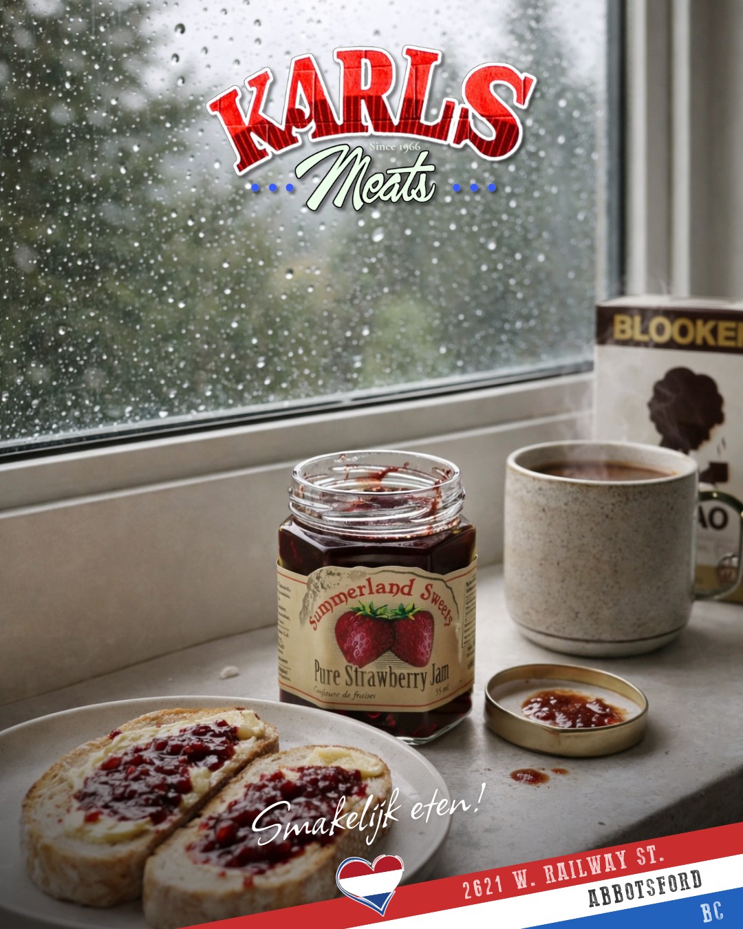 ☔🥩 Happy Friday, Abbotsford! 🥩☔
Rainy days like today are made for slowing down and eating well.
When the rain is pouring outside, there’s nothing better than simple comforts done properly — a slice of fresh bread with Summerland Sweets jam, a hot mug of rich Blooker Dutch Cocoa, and the promise of a cozy meal waiting at home. This is the kind of weather that calls for old-fashioned flavours, warm kitchens, and food that takes the edge off a grey day.
Whether you’re planning a quiet night in, a hearty weekend meal, or just need something comforting to get you through the rain, we’ve got you covered.
📍 Stop by Karl’s Meats before the weekend
📞 Call ahead if you need something special
☔ Let the rain fall — we’ll handle the comfort
Smakelijk eten! 😋
— The Karl’s Meats Team 💪
#HappyFriday #RainyDayComfort #KarlsMeats #SummerlandSweets #BlookerCocoa #DutchHeritage #ComfortFood #SupportLocal #FraserValley #WeekendCooking