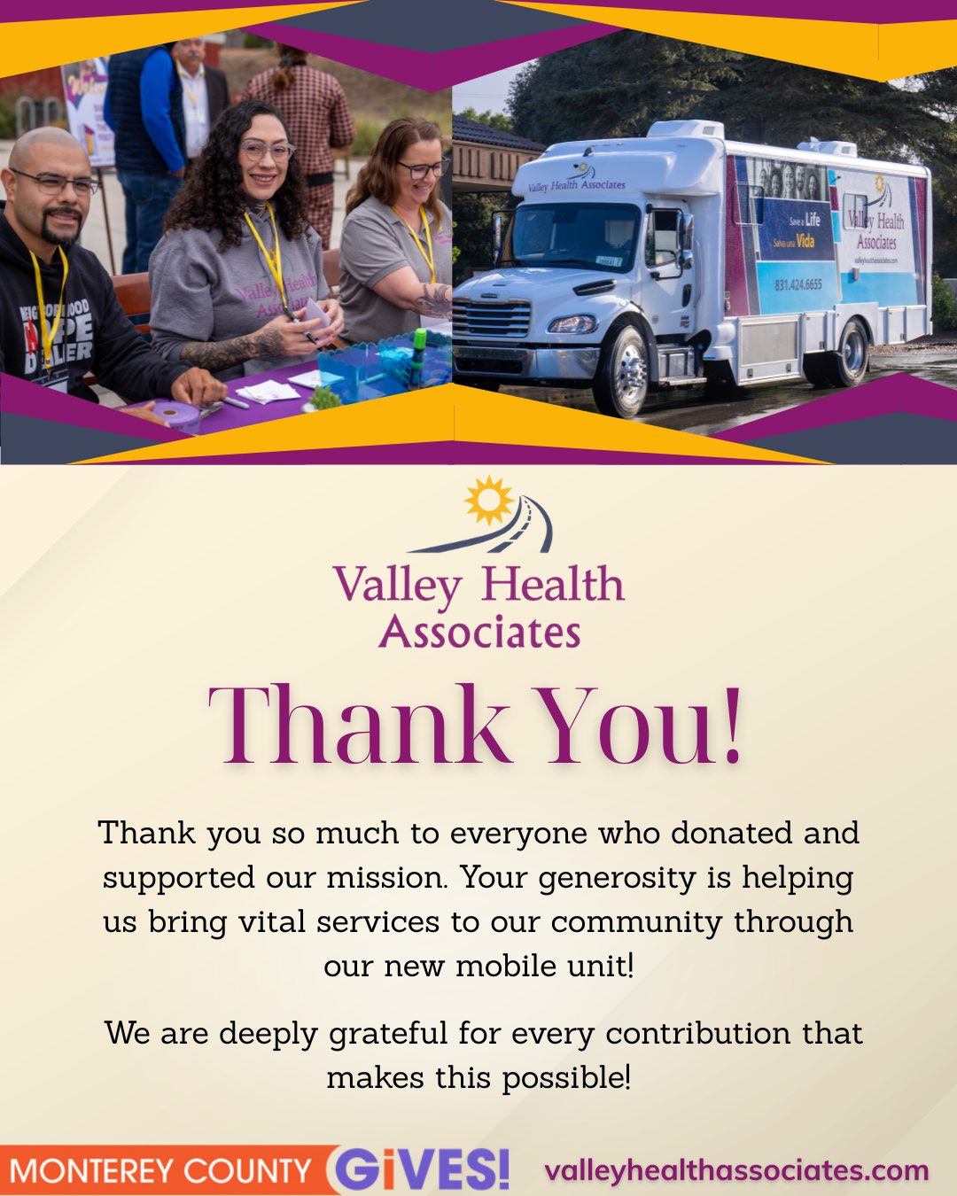 Thank you to everyone who supported our mission and donated to our MC Gives campaign. Your support made this possible! Our mobile wellness unit allows us to bring care, dignity, and trust directly to the community.
Learn more about us at www.valleyhealthassociates.com
#valleyhealthassociates #nonprofit #montereycounty #recovery #wellness