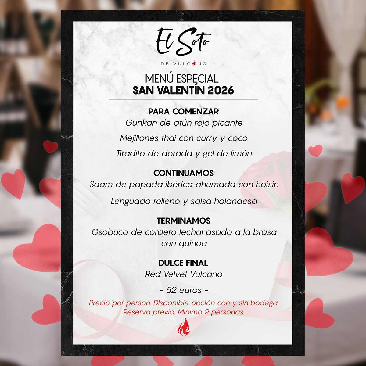 ❤️ Menú Especial San Valentín · 14 de febrero 🔥
En El Soto de Vulcano estrenamos nuevo Menú Especial de San Valentín, una propuesta creada para compartir con nuevas incorporaciones de nuestra cocina.✨
Platos elaborados con el máximo respeto por la tradición, el fuego y el mejor producto de mercado🫶
Ven a celebrarlo con esa persona especial y nos encargaremos de que todo sea sencillamente perfecto👌
📅 Disponible el 14 de febrero
Reservas ya abiertas.
El Soto de Vulcano 🔥
📍 Carril del Soto, 14. (Junto al paseo del Malecón)
📞 667 384 568 / 968 953 945
#SanValentín #MenúEspecial #ElSotoDeVulcano #MurciaGastronómica #CocinaDeProducto #TradiciónYFuego #CenaEspecial #ReservaYa #14febrero #ExperienciaVulcano