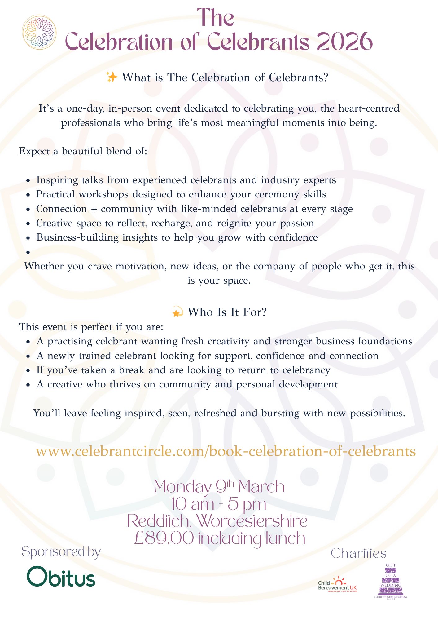 🐦General Admission - Early Bird Tickets Are Now Live!
Join us for ‘The Celebration of Celebrants’ on Monday, 9th March at The Abbey Hotel, Redditch, Worcestershire.
An inspiring, joy-filled event for celebrants who want to deepen their craft, connect with others, and elevate their business.
💫Everyone is welcome - follow us at The Celebration of Celebrants to find out more about what is on offer, or visit the website.
If you're a new celebrant or an established celebrant, this is your chance to immerse yourself in a day designed to uplift, energise and equip you.
Book today at this low price - https://www.celebrantcircle.com/book-celebration-of-celebrants
#celebrantadvocate #celebrationofcelebrants #celebrantadvice #celebratingcelebrants