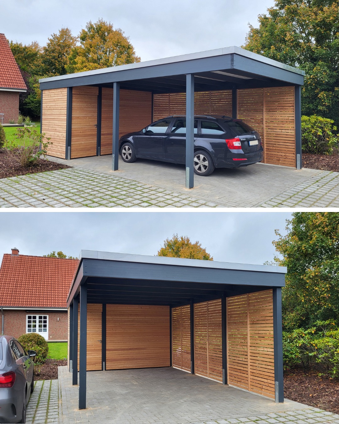 Carport KLARE LINIE mit integriertem Abstellraum.
Ein moderner Carport aus Holz, der durch seine geradlinige Form überzeugt. Anders als bei herkömmlichen Carports, ist das Dachgefälle bei diesem Carport von außen nicht sichtbar, d.h. das Dach ist von allen Seiten betrachtet in Waage. Das Dachgefälle, das natürlich auch bei diesem Carport vorhanden ist, verbirgt sich hinter dem höheren Dachkranz.
Eine Kombination, die bei unseren Kunden besonders gerne genommen wird, ist eine anthrazitfarbene Konstruktion und naturbelassene Seitenwände. Hier hat sich unser Kunde für Wände aus Rhombusleisten im Stellplatzbereich und einer Rhombusprofilverkleidung für den Abstellraum entschieden. Die Konstruktion ist in Anthrazit gehalten.
Unser Kunde ist rundum zufrieden und hat zum Carport auch gleich noch die passende Mülltonnenbox bestellt 👍🏻.
Wie gefällt dir der Carport?
Melde dich gerne für ein unverbindliches Carportangebot: 📞04106-6414170 oder gleich hier per 📩DM.
#holzcarport #carportklarelinie #carport #freeseholzcarport #carportexperten
