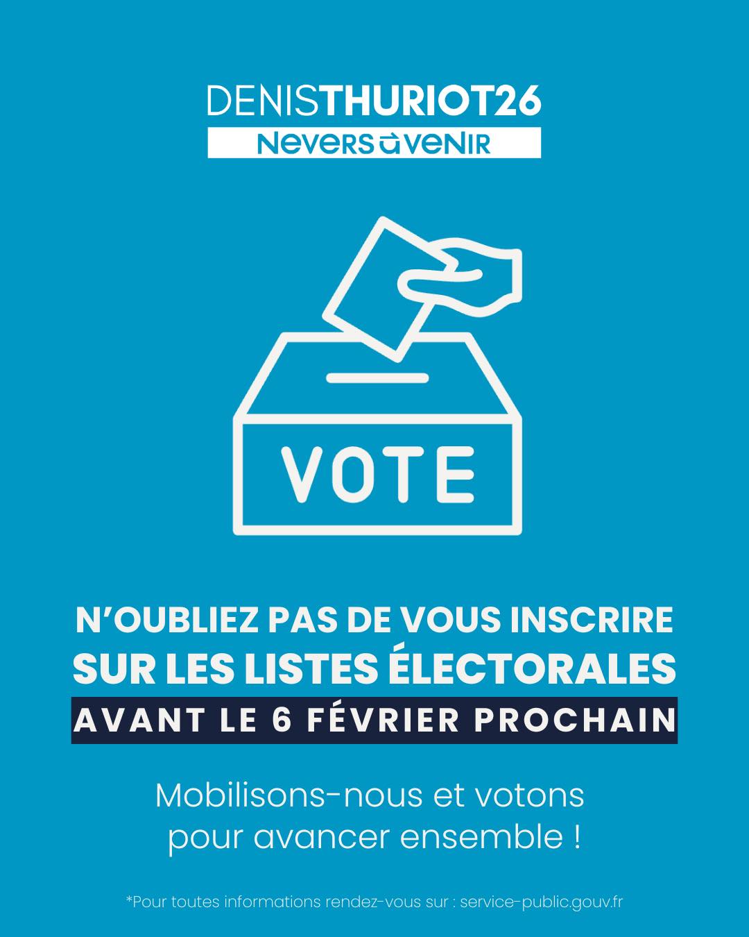 🗳️‼️ Êtes-vous bien inscrit(e)s sur la liste électorale de Nevers ?
Faites vite ! Vous avez jusqu’au vendredi 6 février !
Infos : https://www.nevers.fr/votre-mairie/elections/elections-mode-demploi
NB : délai reporté au 5 mars 2026 si vous êtes dans l’une des situations suivantes : jeune de 18 ans n'ayant pas fait le recensement citoyen, déménagement récent, acquisition récente de la nationalité française, droit de vote récemment recouvré.