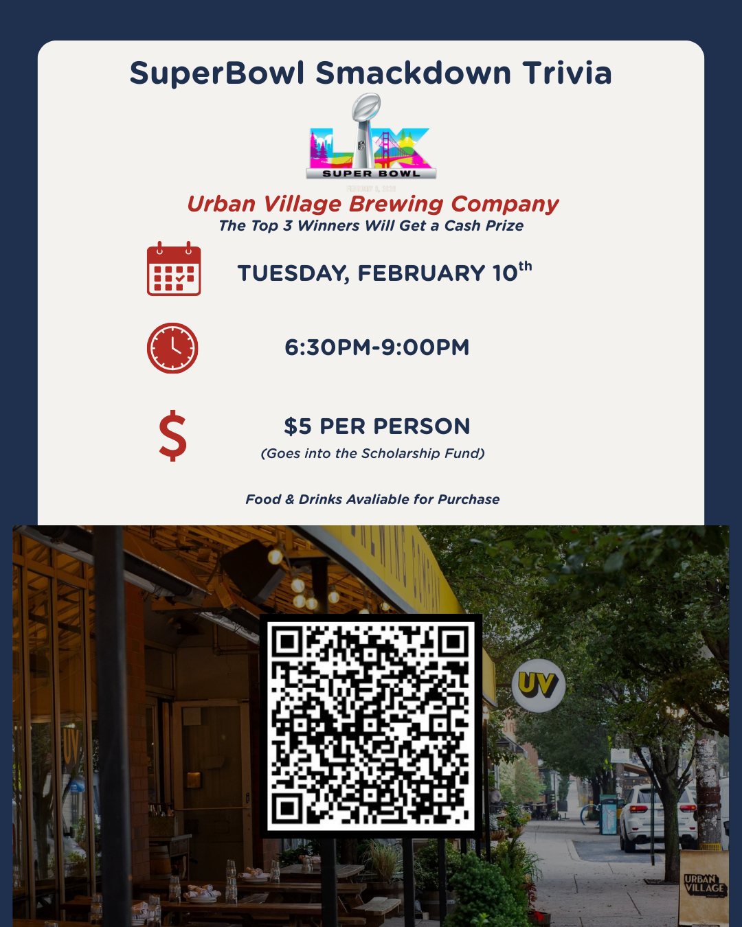 🏈 SUPER BOWL SMACKDOWN TRIVIA 🏈
Did you really watch the game… or were you just there for the commercials? 👀
Join TU-AMA Tuesday after the Super Bowl at Urban Village Brewing Company for trivia all about what happened in the Big Game — plays, players, moments, and madness.
📲 Scan the QR code or click the link in our bio NOW!