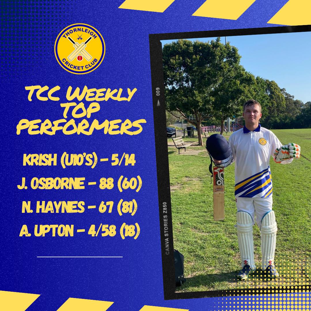 Our juniors are back in action, let’s dive into some of this weekend’s heroics by our Thornleigh players!
Plenty of highlights from our juniors, including a dominant 5/14 from U10’s player Krish! Our Under 12’s had a team hattrick in their narrow loss, and our Under 15’s got a great away win at Berowra.
Our D Graders picked up a nice win against Berowra, with Noah Haynes showing his batting skills with a knock of 67 off 81 deliveries.
Our C Graders had the runs piled on them by West Pennant Hills, but this didn’t stop Andrew Upton from taking 4 important wickets to keep the runs as low as possible. A big chase next week but this team can do anything!
Our A Graders are once again showing why they deserve to be in this league, as the piled on 301 runs thanks to a superb knock from Josh Osborne, his 2nd 50 in 2 weeks! The team are 8 wickets away from another dominant victory.
Send us an email if you have questions: thornleighcricket@gmail.com
Thanks as always to our Major Sponsor Alto Mitsubishi Pennant Hills and our Community PartnersMagpies Waitara Allen & Sheppard Real Estate and Scooda for your huge support of local community cricket.
#PlayCricketforThornleigh #ThornleighCricket #SummerSport #Cricket #thornleigh #westleigh
Cricket NSW
Cricket Australia
Hornsby Ku-ring-gai & Hills District Cricket Association.