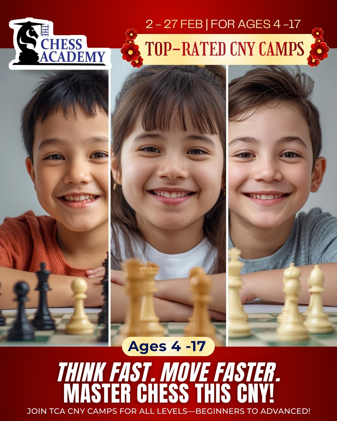 ♟️Think Fast. Move Faster. Master Chess this CNY! 🧧
Ready to level up? Join the TCA CNY camps this February for an elite training experience! Whether your child is making their first move or preparing for their next tournament, our Grandmaster-led camps are the place to be🏆
Why TCA? 🧠 Boost Focus & Concentration 📈 Personlized camps🤝 Build Sportsmanship & Confidence 🌍 Learn from International Masters
🗓️ When: Feb 2 – 27, 2026 📍 Where: Activekids Learning Center, Kennedy Town, HK 🎓 Ages: 4 – 17 (All levels!)
Give your child the "Grandmaster Advantage" this CNY holiday season. 🐉
🔗 Link in Bio to register! Or WhatsApp us at 9178 7376 📱
#ChessHK #TheChessAcademy #ActiveKidsHK