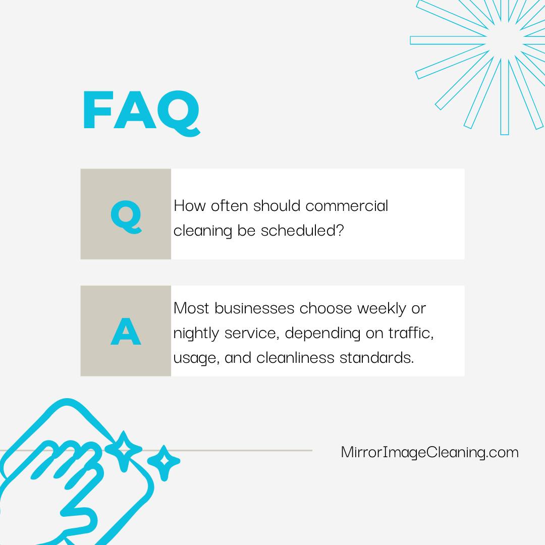 How often should commercial cleaning be scheduled?
There’s no one-size-fits-all answer. Cleaning frequency depends on foot traffic, space usage, and your cleanliness standards. Many businesses choose weekly or nightly service to maintain a consistently professional environment.
At Mirror Image Cleaning, we tailor schedules to fit your space and your needs.
📞 563-528-2587
🌐 https://mirrorimagecleaning.com
#FAQ #CommercialCleaning #JanitorialServices #OfficeCleaning #FacilityMaintenance #CleanWorkspaces #MirrorImageCleaning